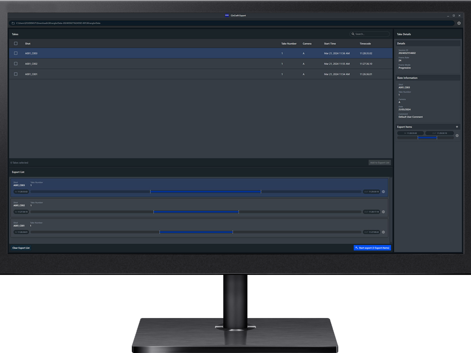 Screenshot of the ZEISS CinCraft Export software interface displaying selected video takes with detailed metadata and export settings.