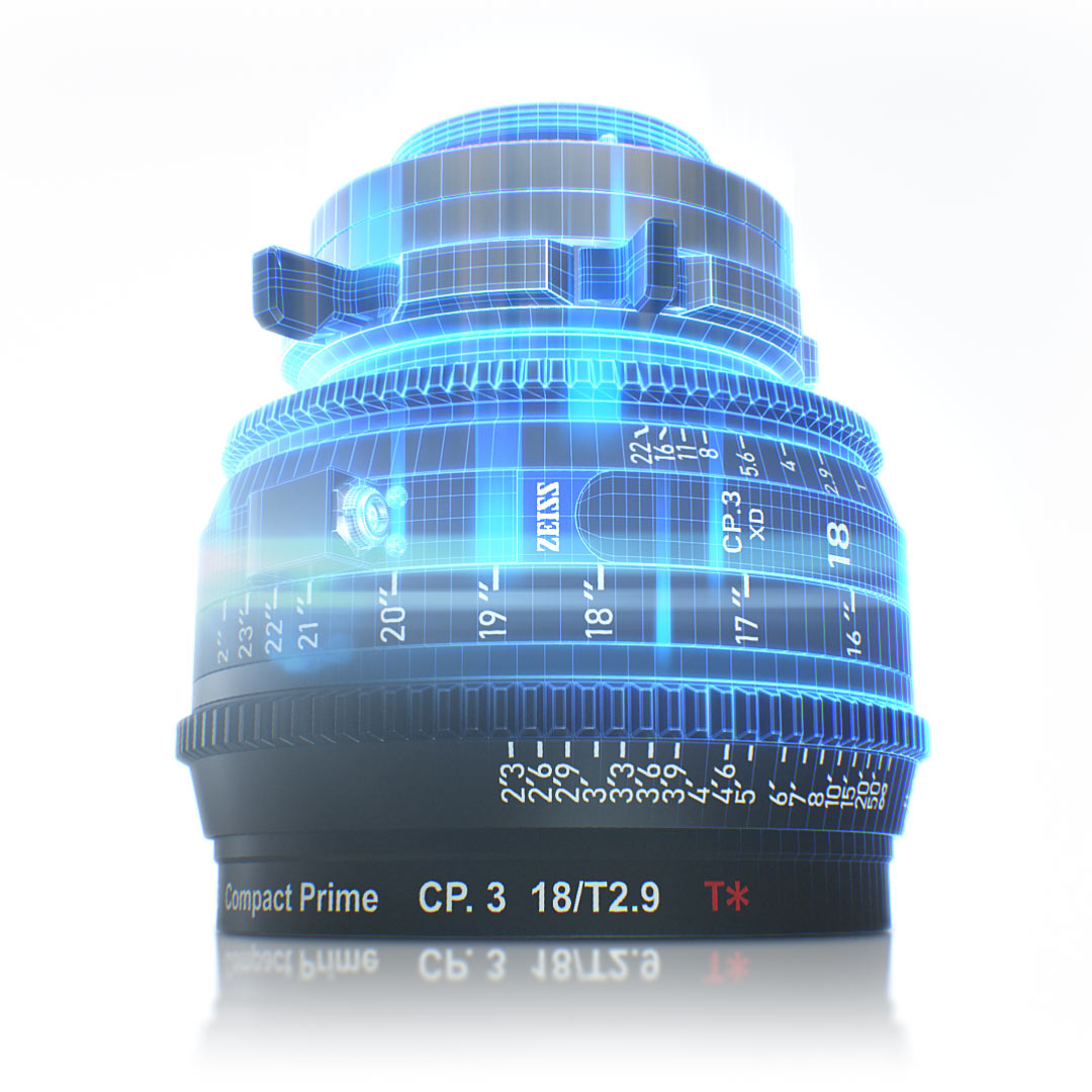 A digital 3D wireframe rendering of the ZEISS Compact Prime CP.3 18/T2.9 cinema lens, showcasing its precision engineering and design.
