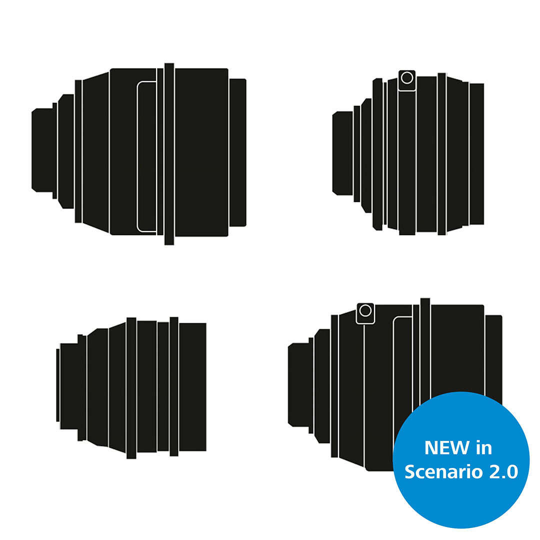 A collection of four black ZEISS lens schematics showcasing different focal lengths, highlighted as "NEW in Scenario 2.0."