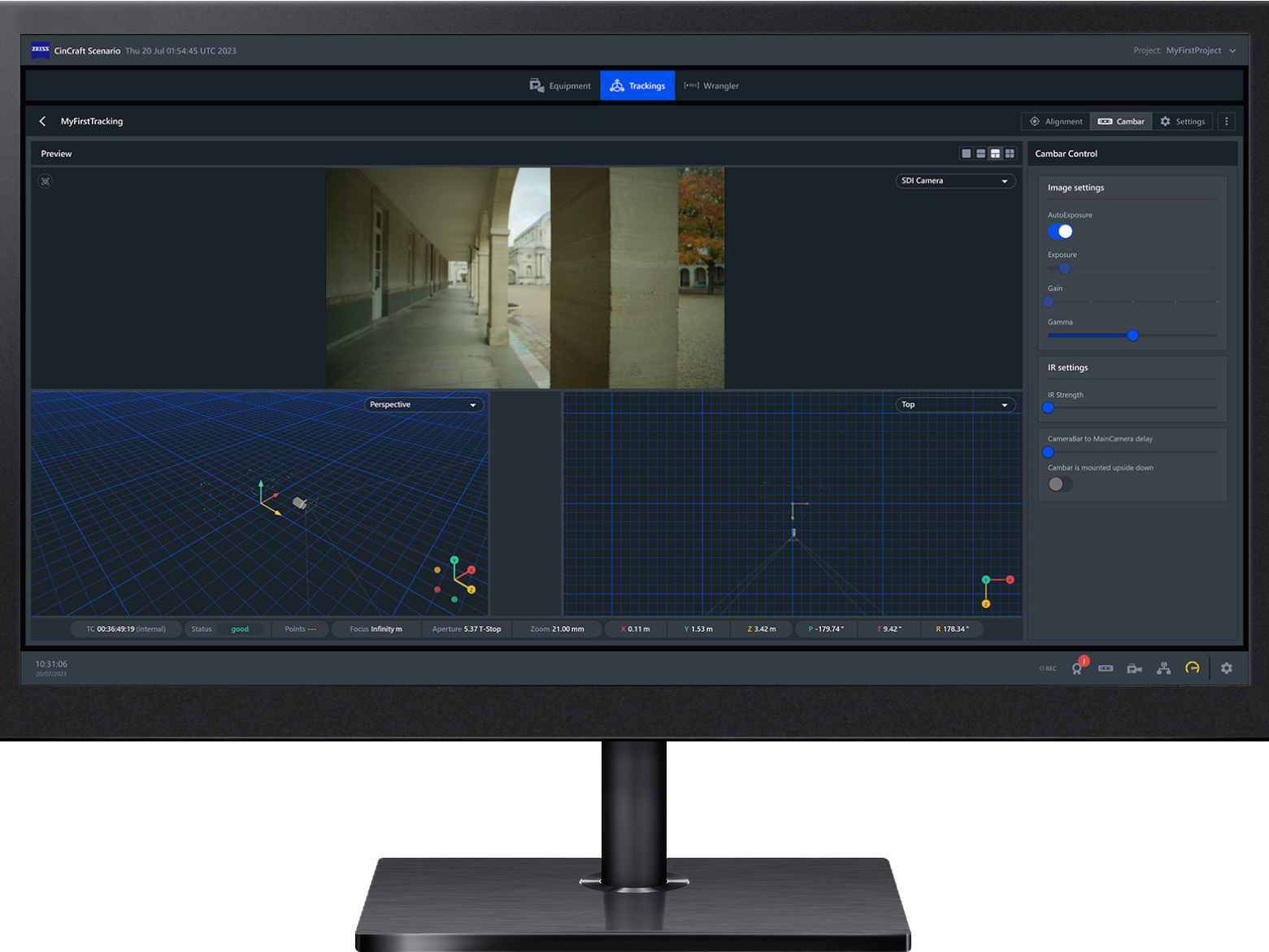 User interface of the ZEISS CinCraft software showing a tracked camera view, 3D grid perspectives, and detailed image and IR settings controls.