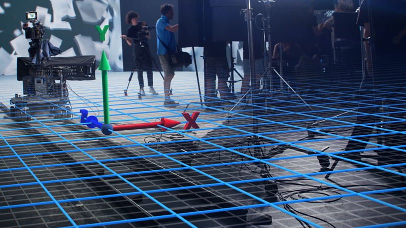 Film production set with camera equipment and crew members, overlaid by a 3D coordinate grid representing X, Y, and Z axes, illustrating ZEISS technology integration.