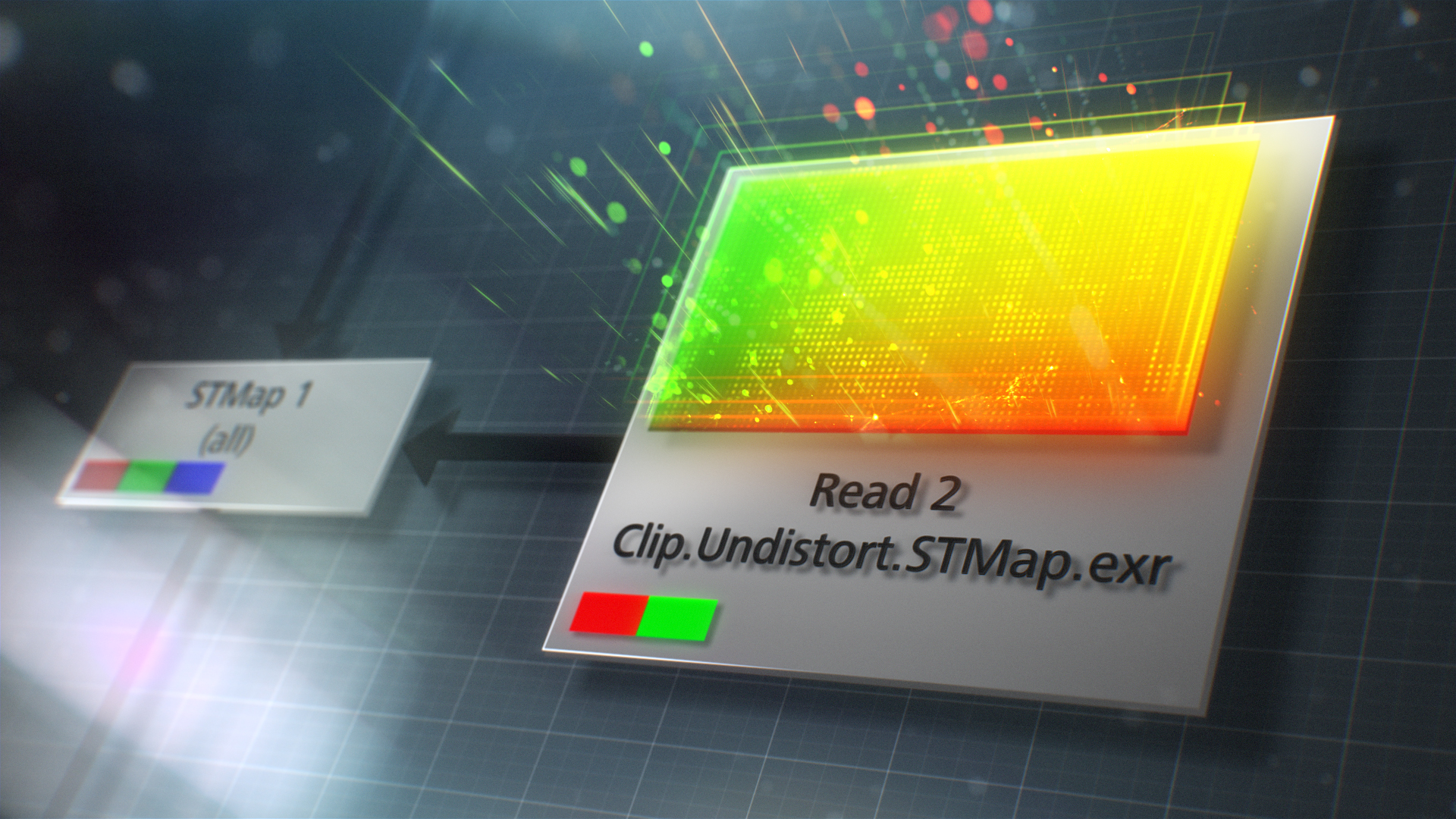 Digital interface showing a colorful STMap data visualization connected to a file labeled "Read 2 Clip.Undistort.STMap.exr" on a ZEISS graphical processing grid.