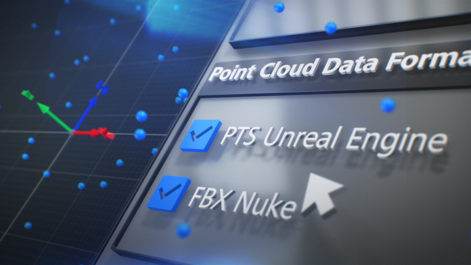Digital interface displaying point cloud data format options with checkboxes for PTS Unreal Engine and FBX Nuke, alongside a 3D coordinate graph, representing ZEISS software capabilities.