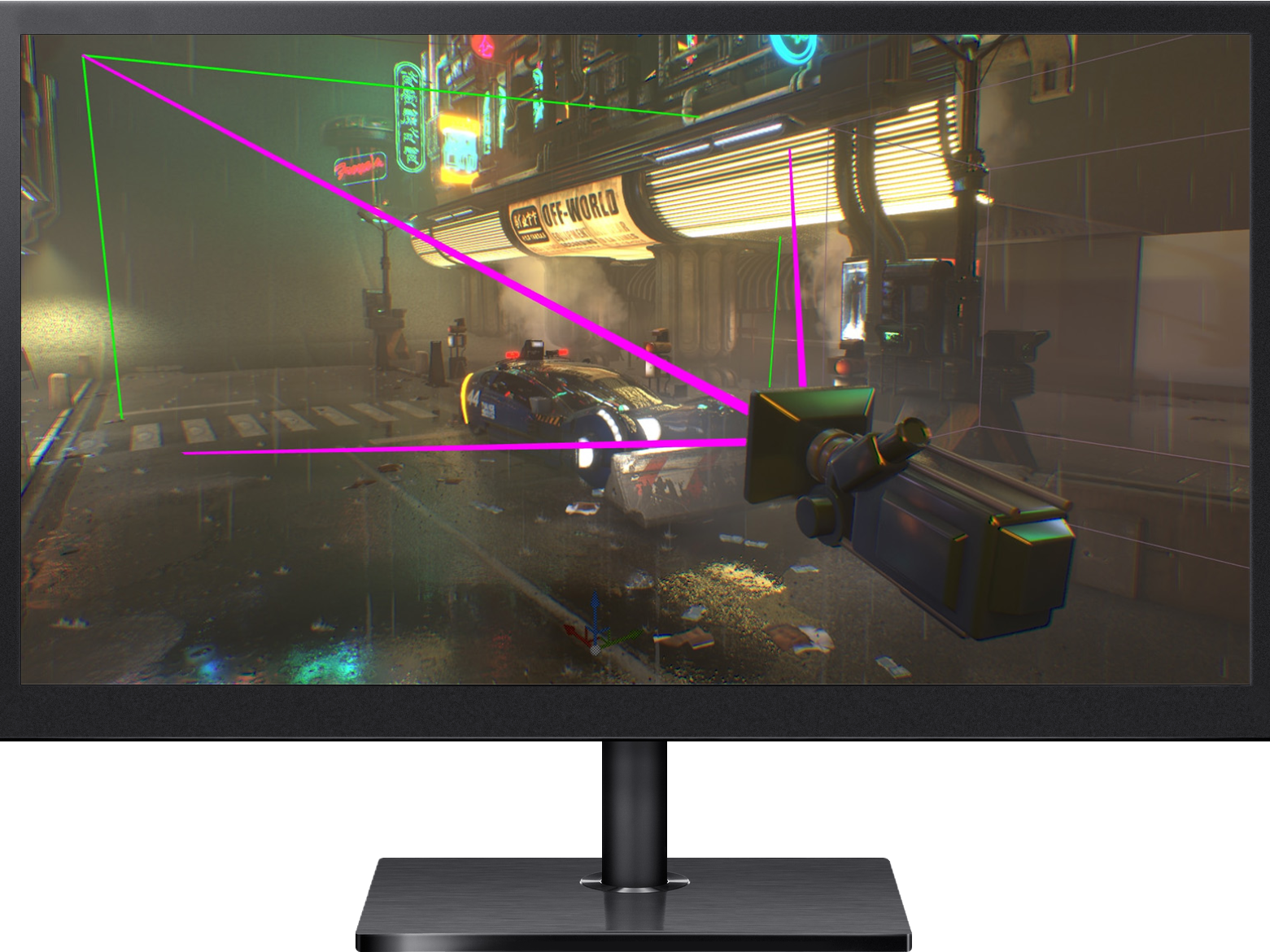 A 3D-rendered cyberpunk city street scene showing a futuristic vehicle and neon signs, viewed through a virtual camera setup with visible framing guides, illustrating ZEISS lens visualization tools.