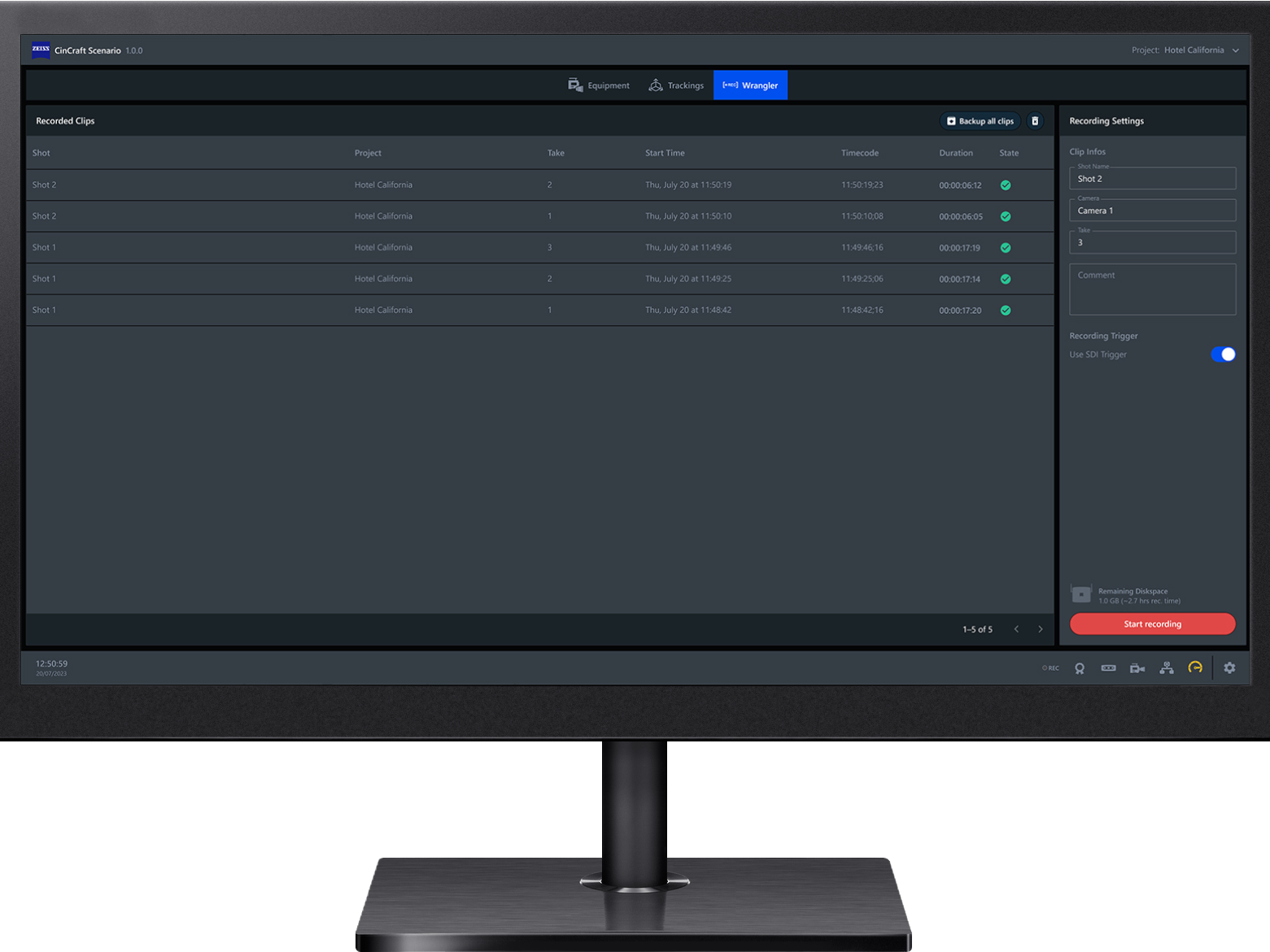 User interface of the ZEISS CinCraft Scenario software displaying a list of recorded video clips with details such as shot name, take number, start time, timecode, duration, and recording settings.