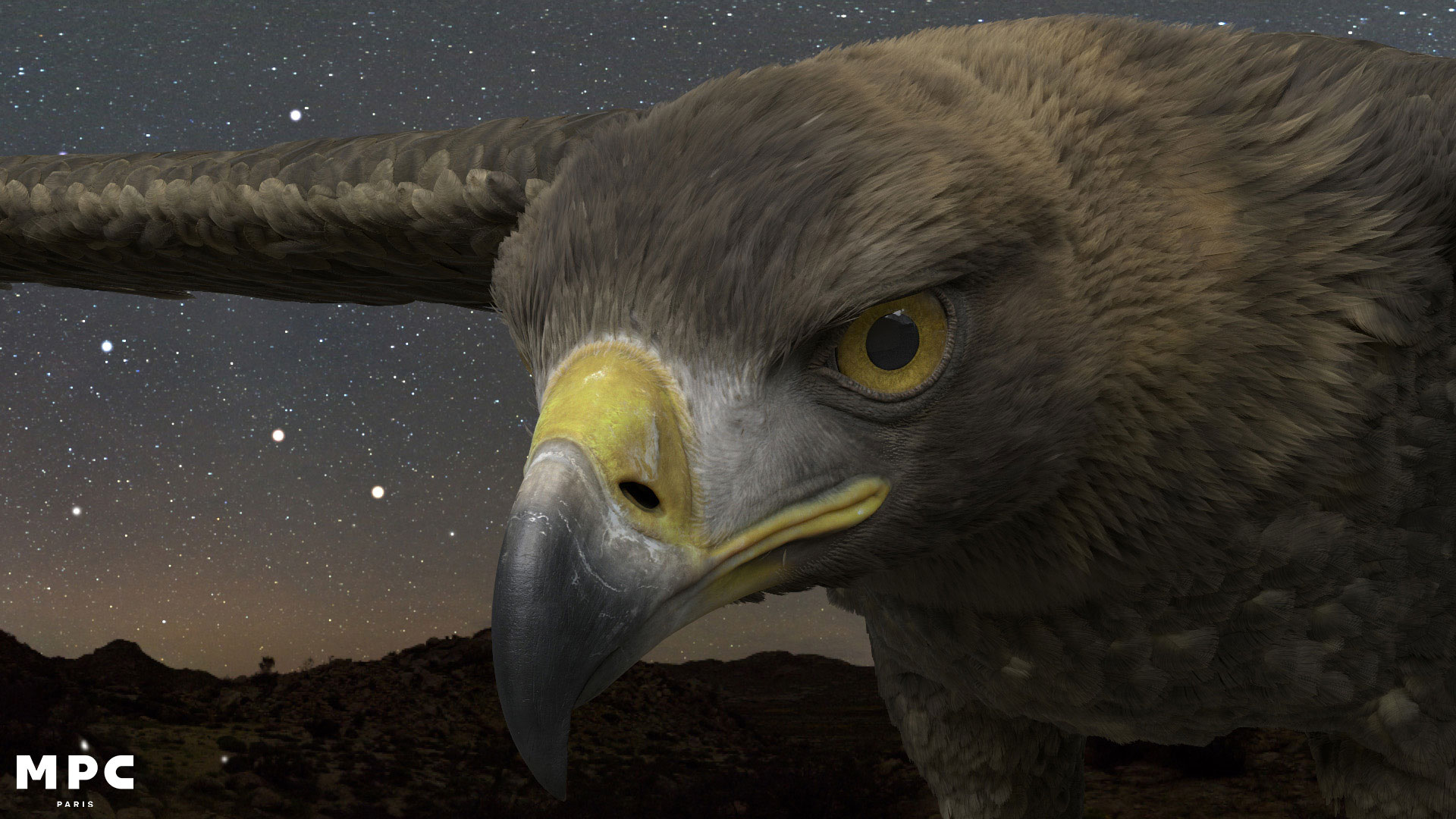 Close-up of a digitally rendered eagle against a starry night sky over a mountainous landscape.