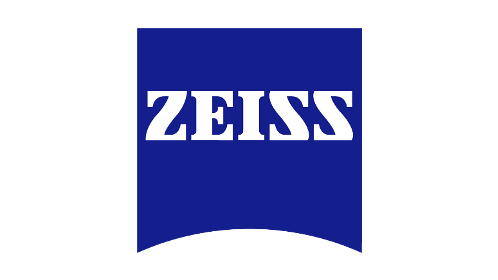 ZEISS logo featuring bold white text on a blue background with a curved bottom edge.