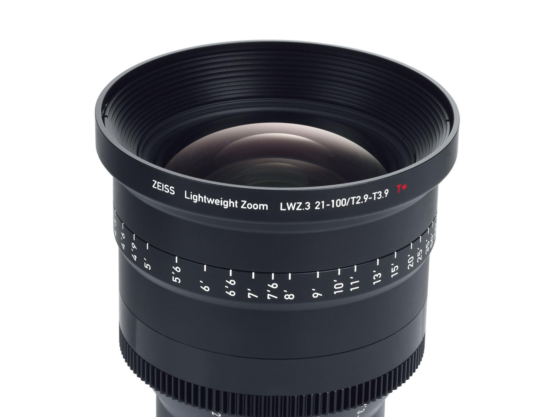 Close-up view of a ZEISS Lightweight Zoom LWZ.3 21-100mm T2.9-T3.9 professional camera lens with detailed focus and aperture markings.