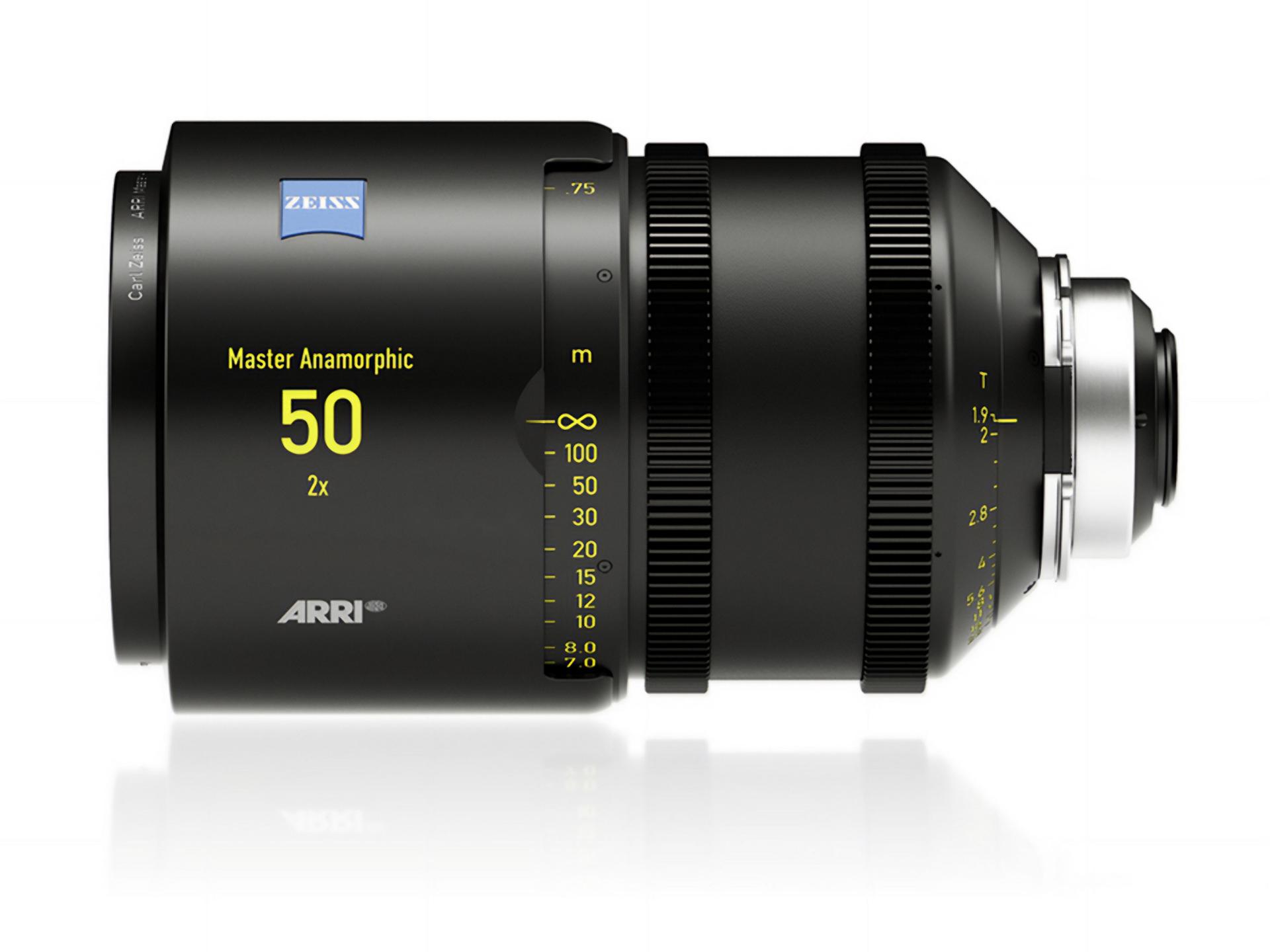 Professional-grade ZEISS Master Anamorphic 50mm T1.9 lens with ARRI branding, featuring yellow focus and aperture markings on a black cylindrical body.
