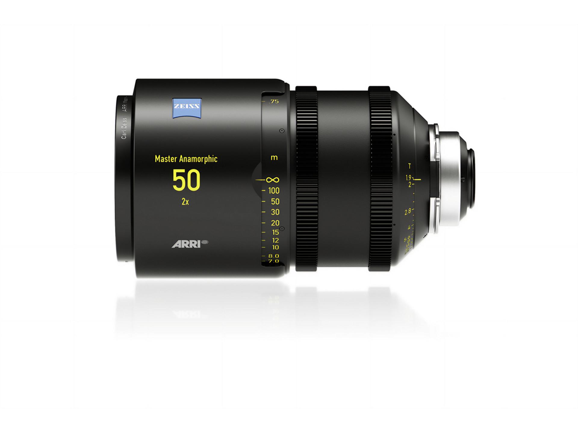 Professional-grade ZEISS Master Anamorphic 50mm T1.9 lens with ARRI branding, featuring yellow focus and aperture markings on a black cylindrical body.