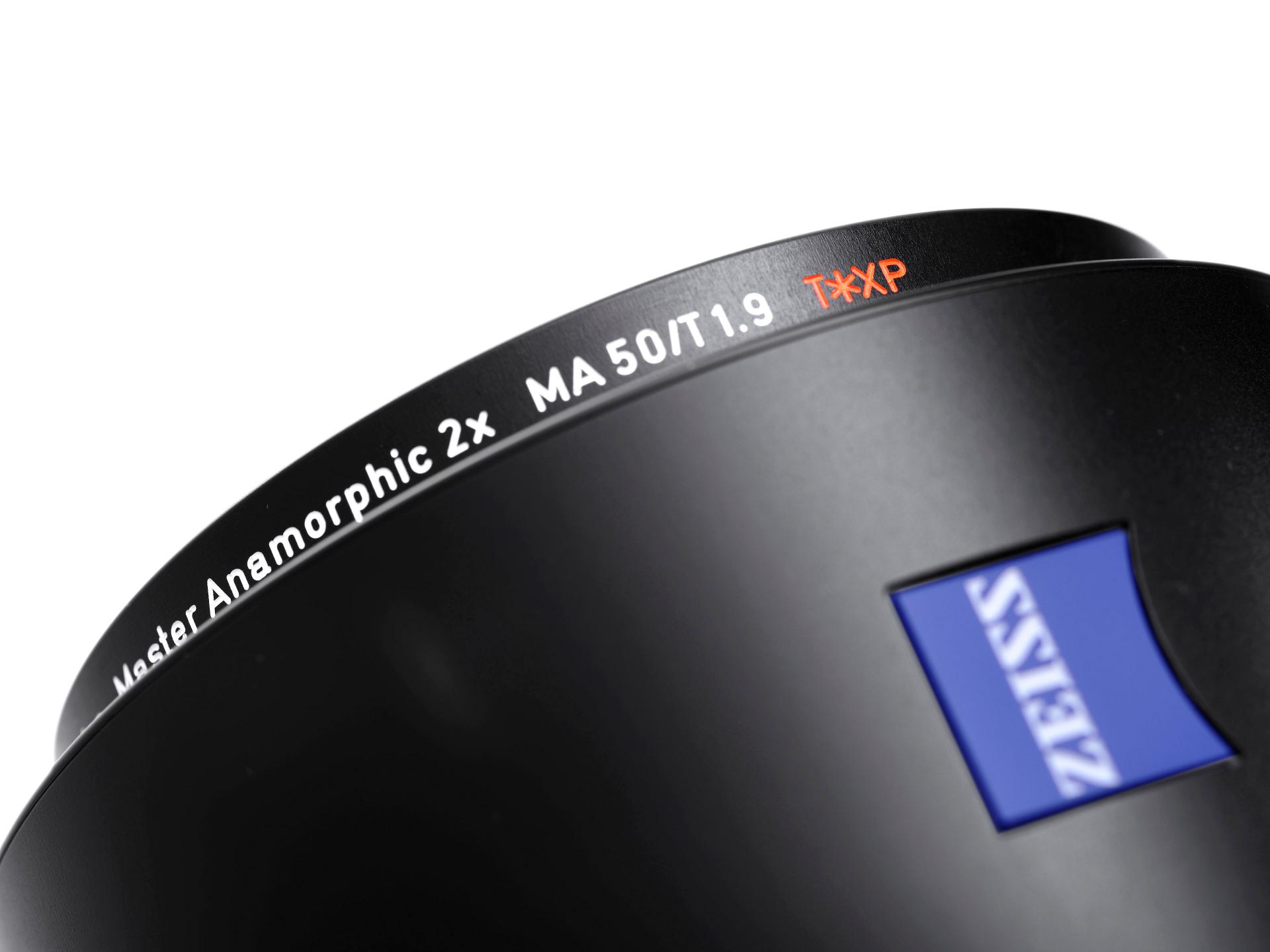 Close-up of a ZEISS Master Anamorphic 2x MA 50/T1.9 lens showcasing the branding and technical specifications.