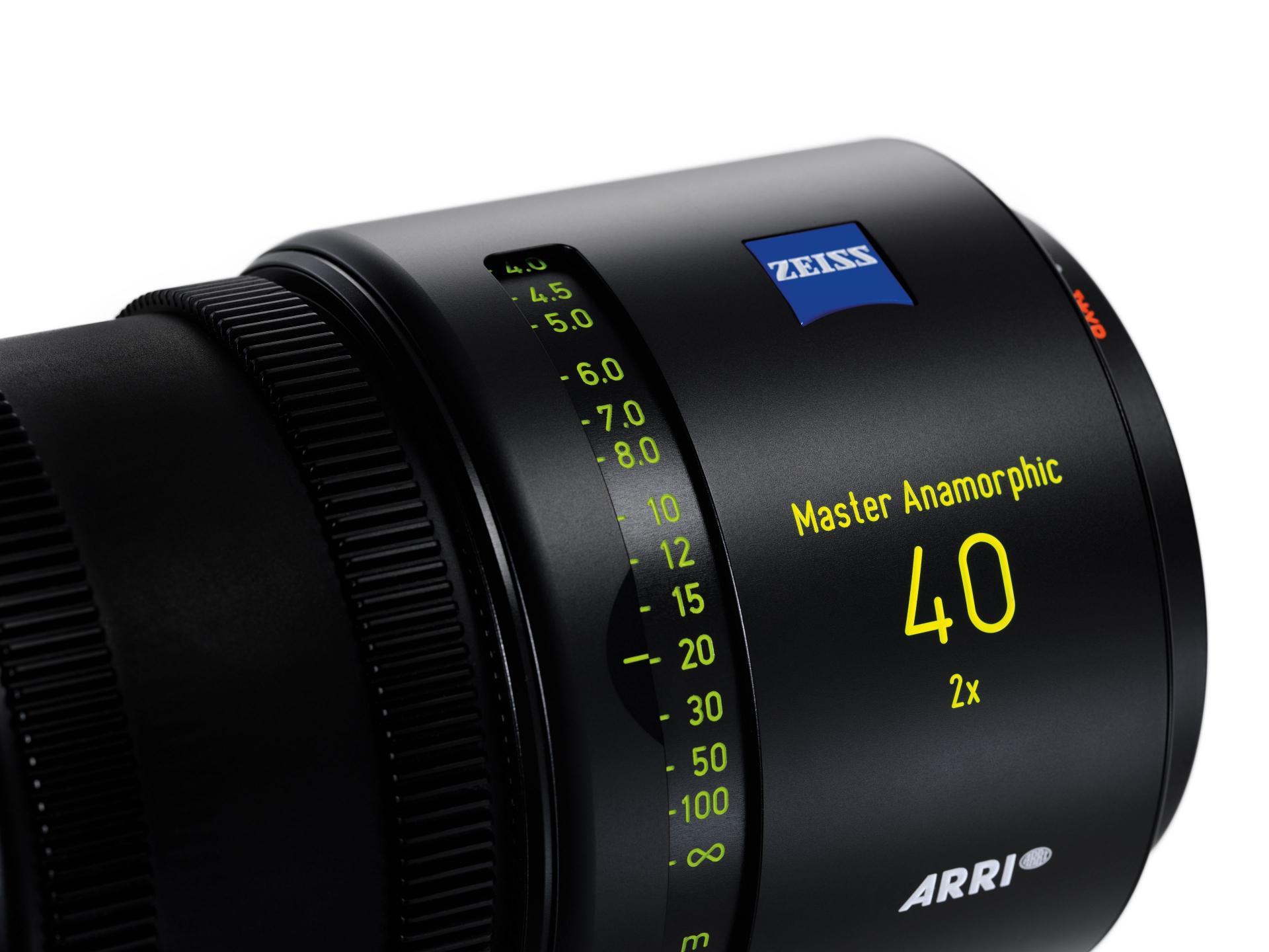 Close-up view of a ZEISS Master Anamorphic 40mm 2x cinema lens featuring detailed focus and aperture markings.