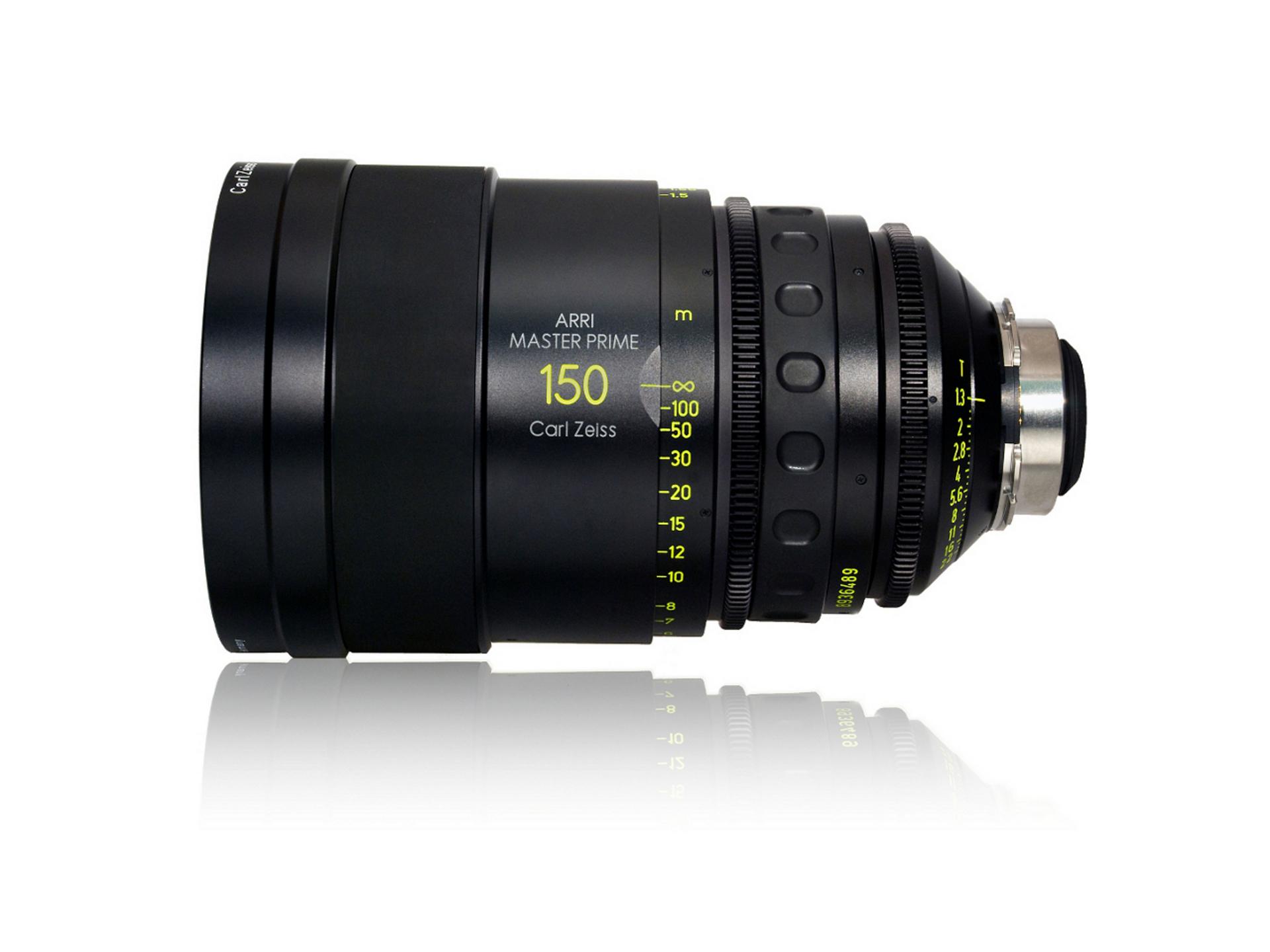 Side view of a ZEISS ARRI Master Prime 150mm camera lens with focus and aperture markings.