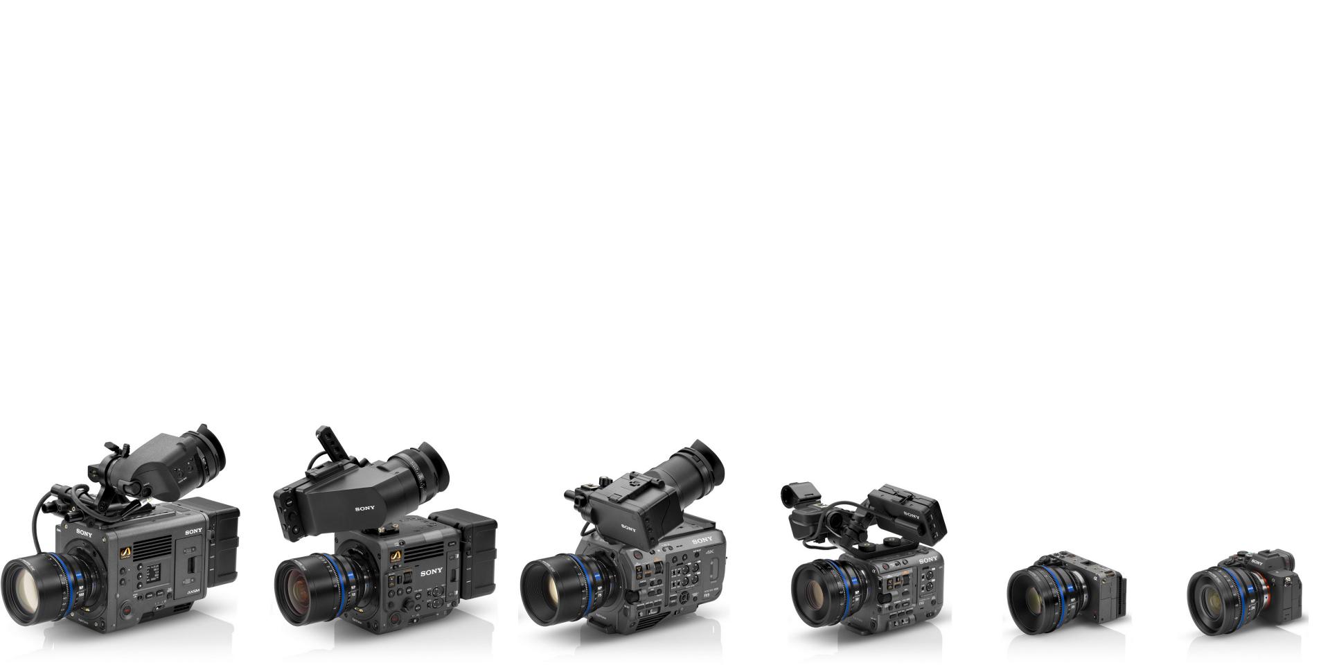 A lineup of six professional video cameras of varying sizes, all equipped with ZEISS lenses, arranged from largest to smallest on a white background.