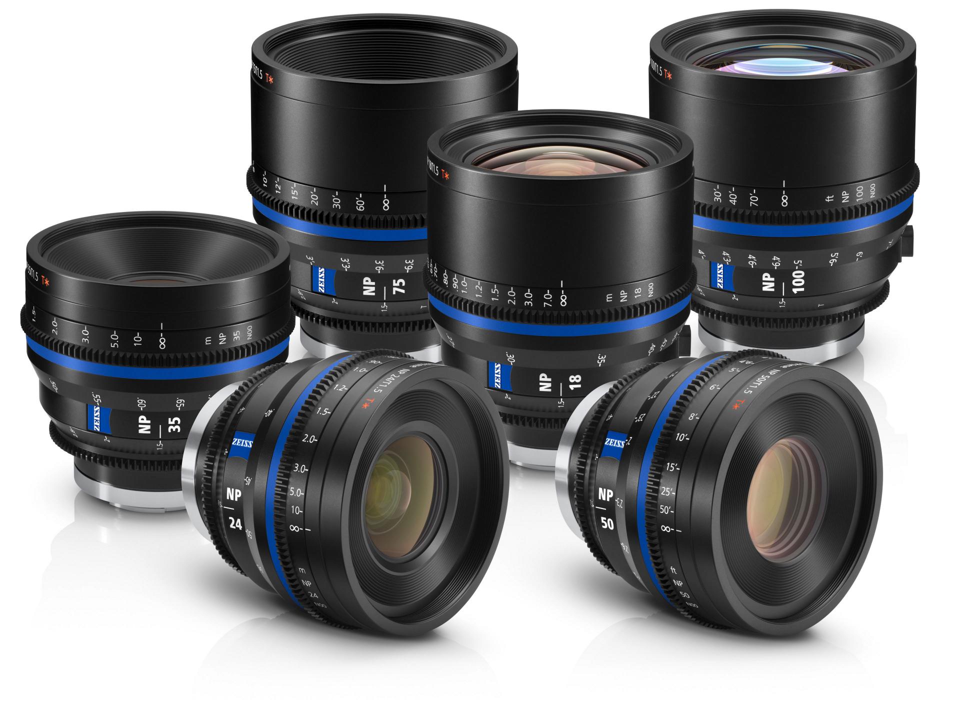 Six professional ZEISS cinema lenses with focal lengths labeled on the barrels are arranged in two rows on a white background.