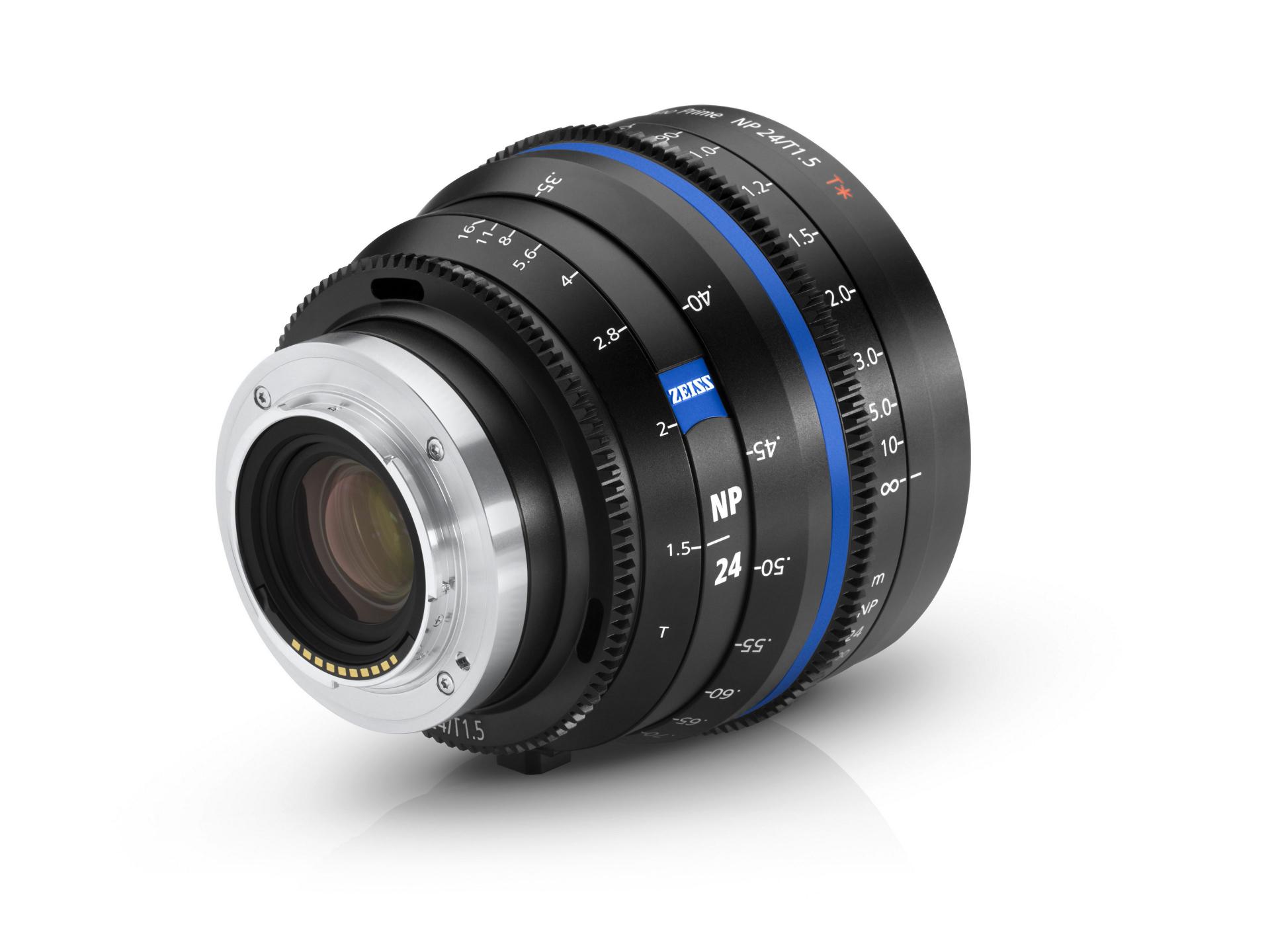 Professional ZEISS camera lens with detailed focusing and aperture markings, featuring a 24mm focal length and robust, high-precision design.