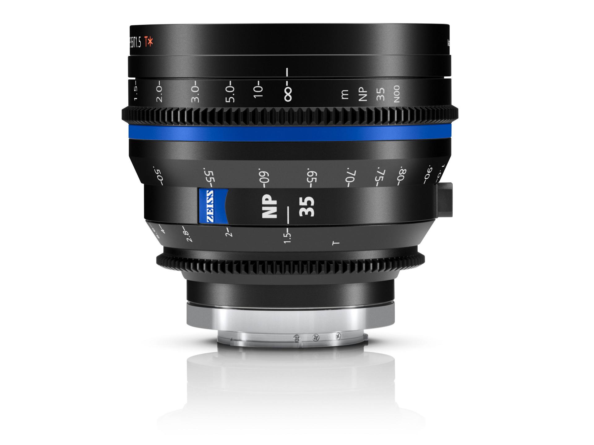 A ZEISS Supreme Prime 35mm cinema lens with focus and aperture markings, featuring a black body with blue accent ring and ZEISS branding.