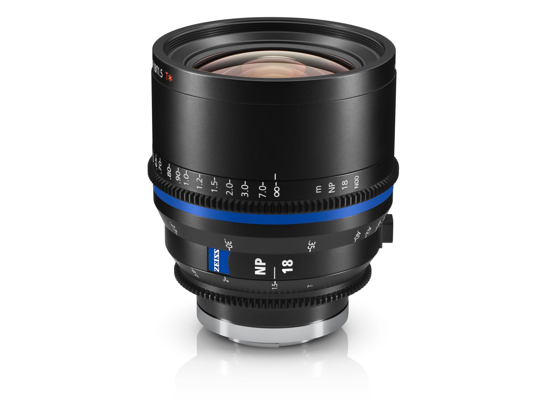 Professional camera lens with ZEISS branding, featuring detailed focus and aperture markings on a sleek black metal body.