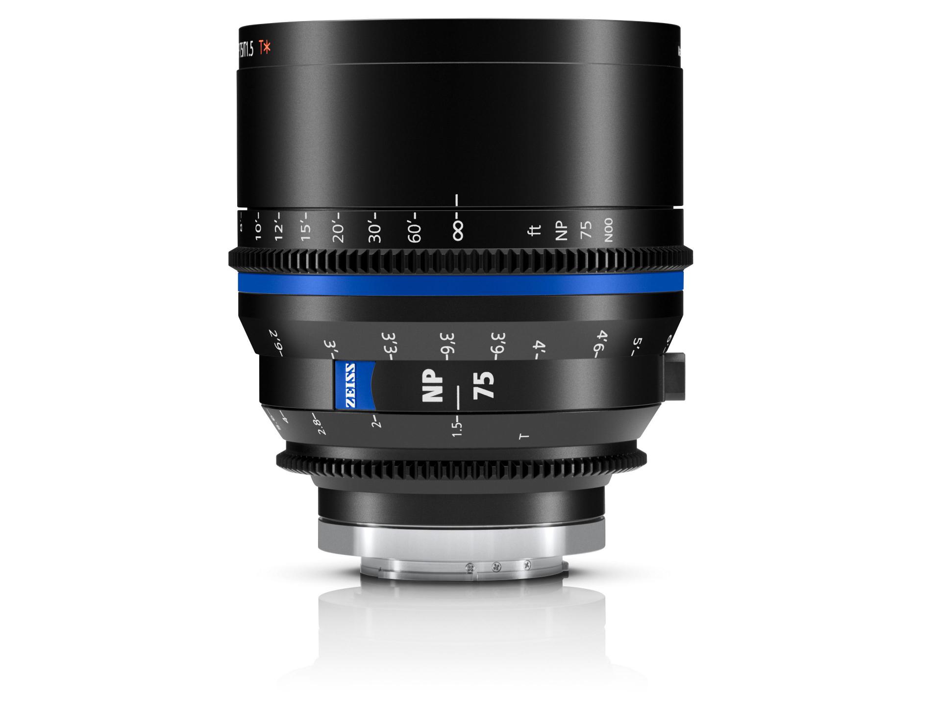 Professional ZEISS cinema lens with 75mm focal length, featuring detailed focus and aperture markings, blue accent ring, and robust black metal housing.