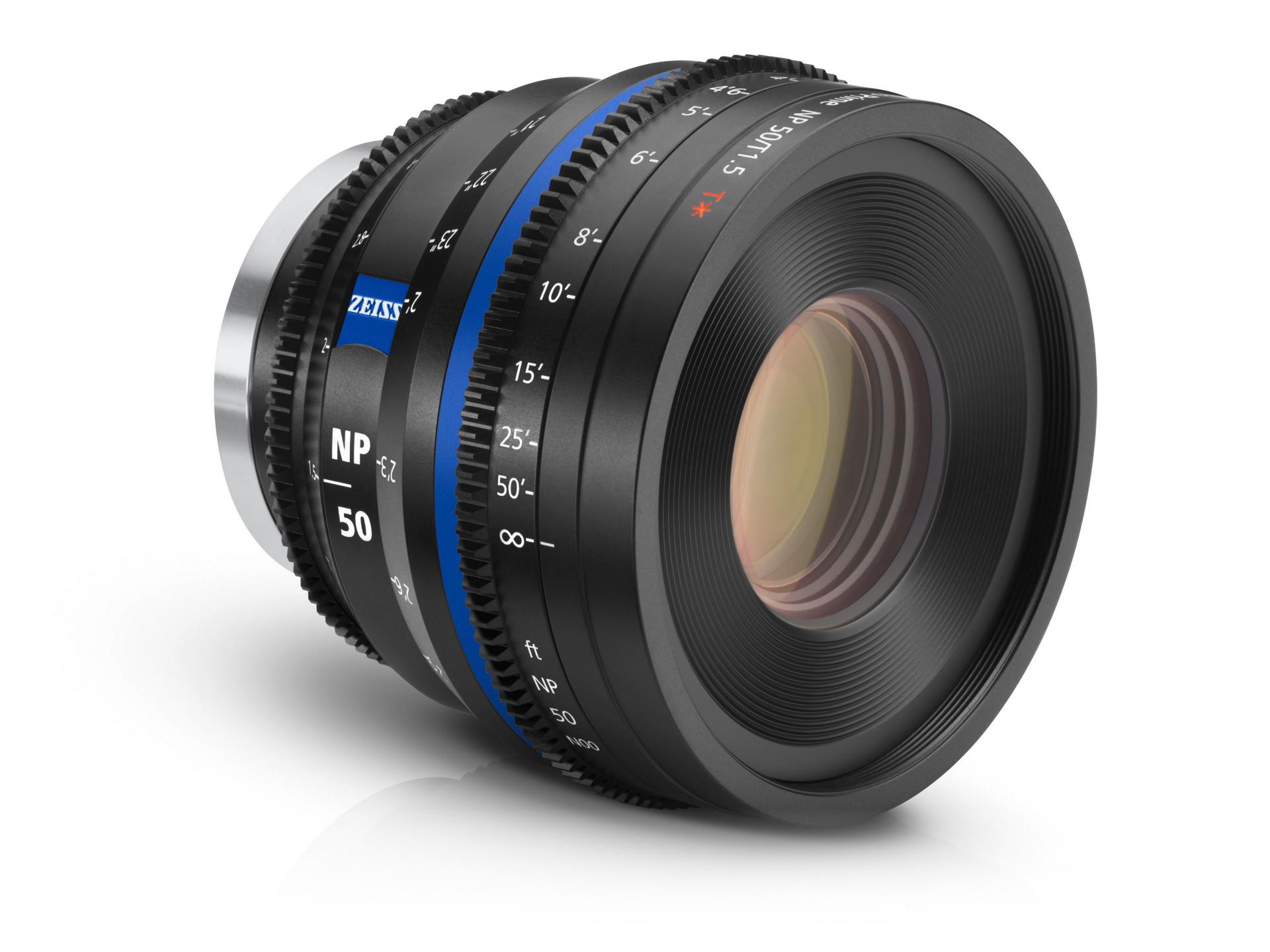Professional camera lens featuring the ZEISS logo, marked as NP 50 with detailed focus and aperture scales.