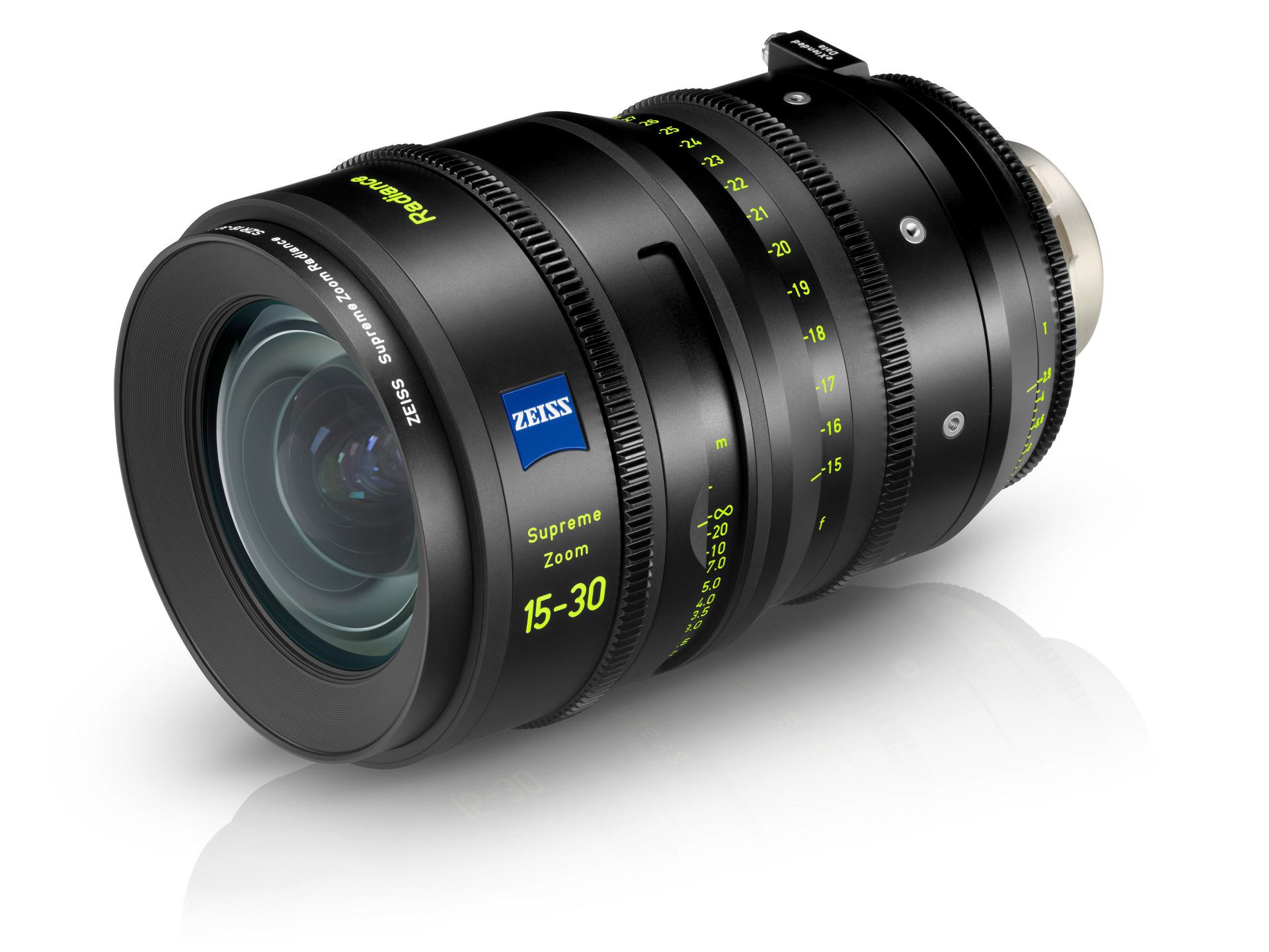 Professional cine lens ZEISS Supreme Zoom 15-30mm with detailed focus and zoom markings in yellow on a black metal body.
