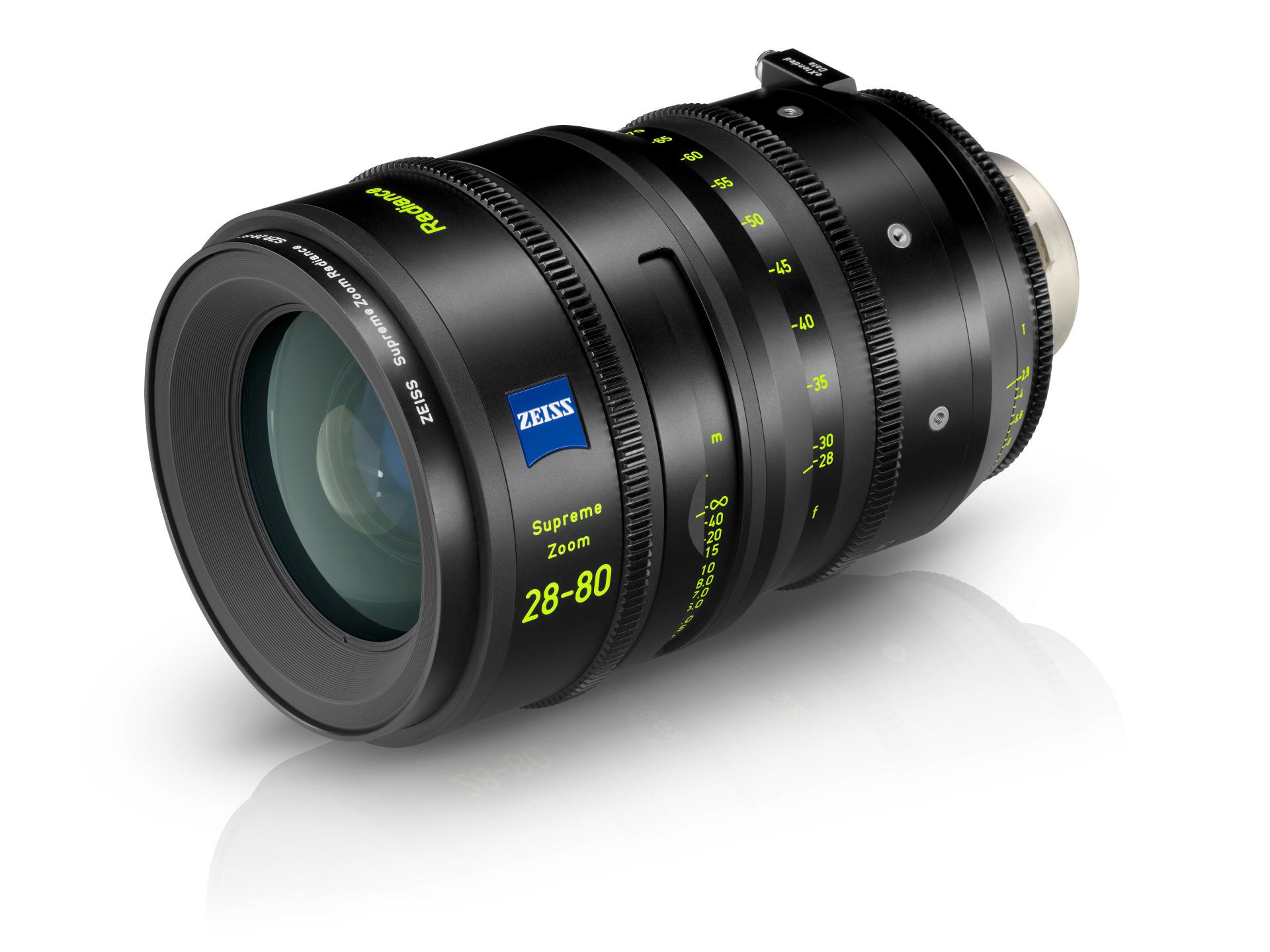 Professional cinema lens ZEISS Supreme Prime Zoom 28-80mm, featuring a black metal body with yellow and white markings and the ZEISS logo.