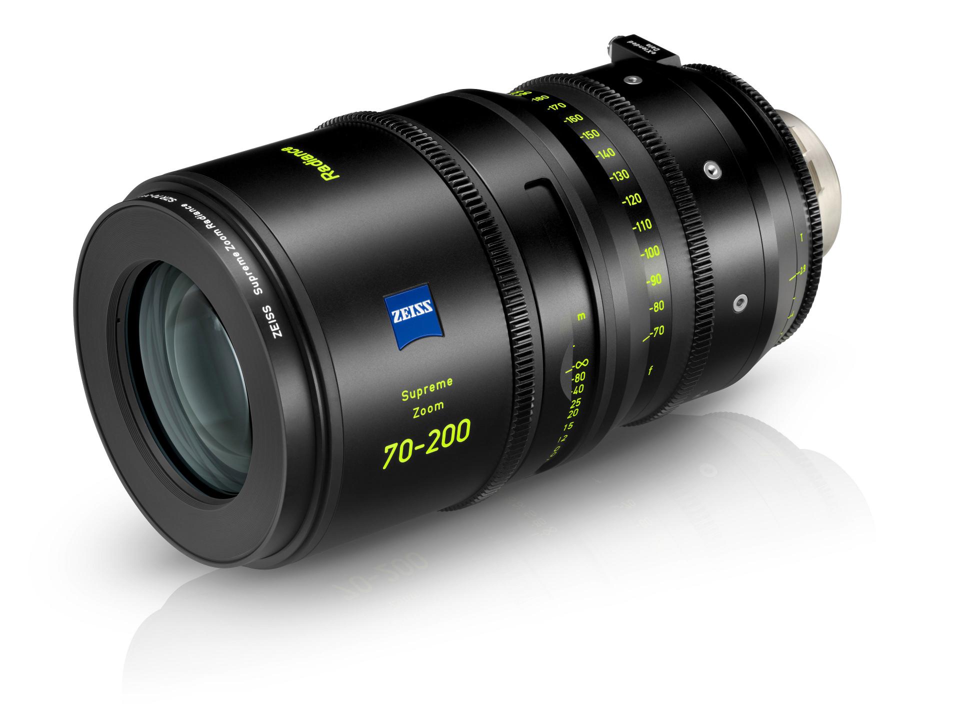 Professional cinema lens ZEISS Supreme Zoom 70-200 mm shown in a black finish with detailed focus, iris, and zoom markings in yellow.