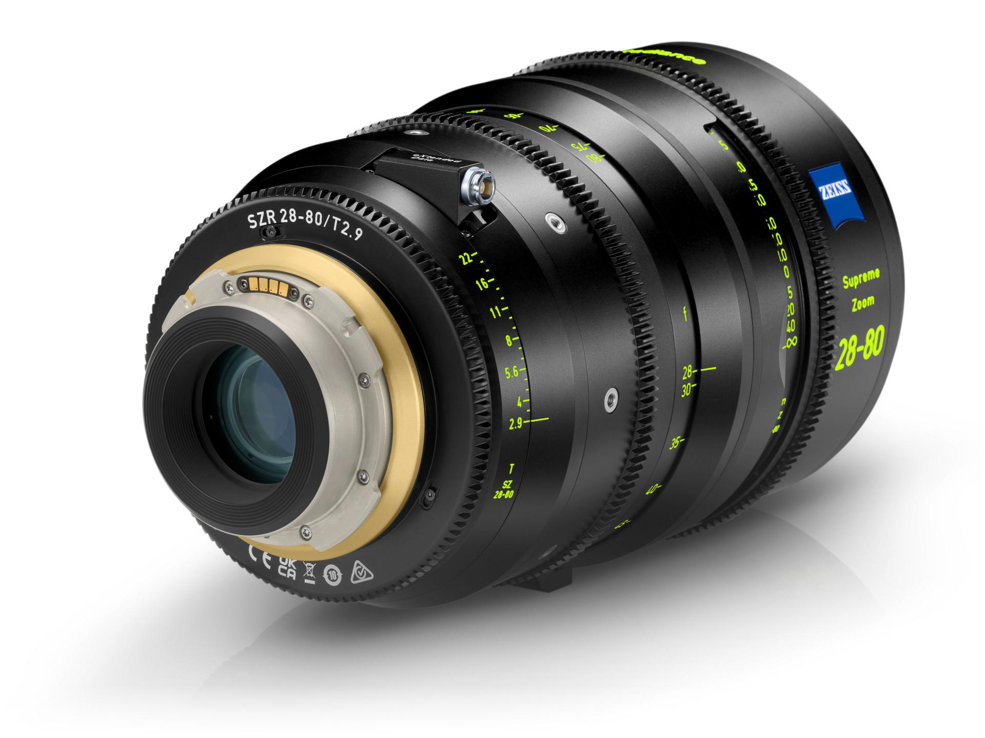 ZEISS Supreme Zoom 28-80mm T2.9 professional cinema lens with detailed focus, aperture, and zoom markings, shown in a three-quarter view.