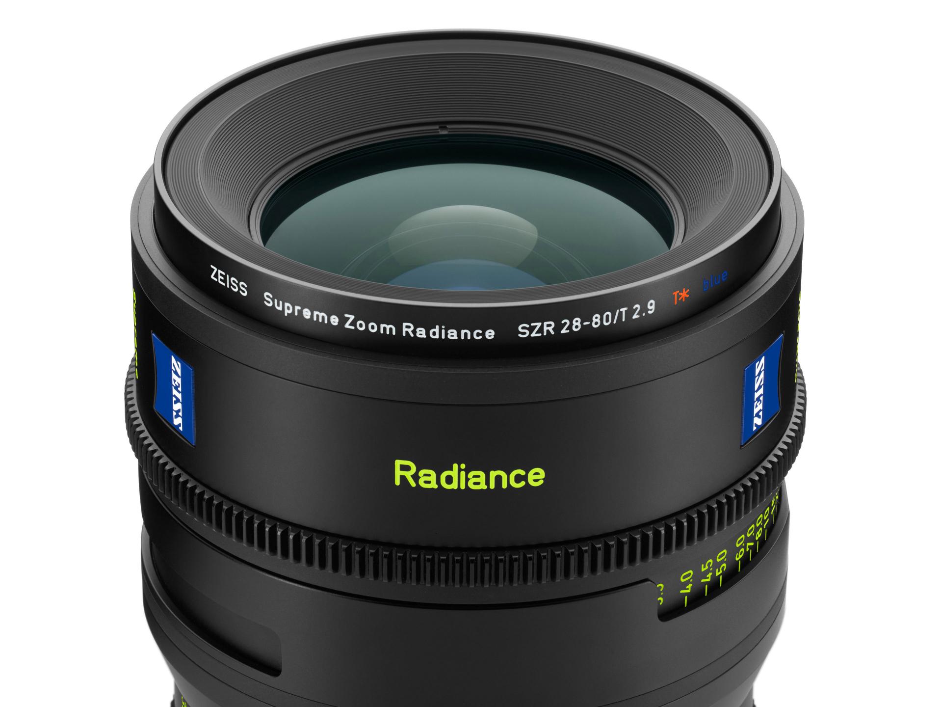 Close-up view of a ZEISS Supreme Zoom Radiance SZR 28-80/T2.9 cine lens with prominent ZEISS branding and detailed focus markings.