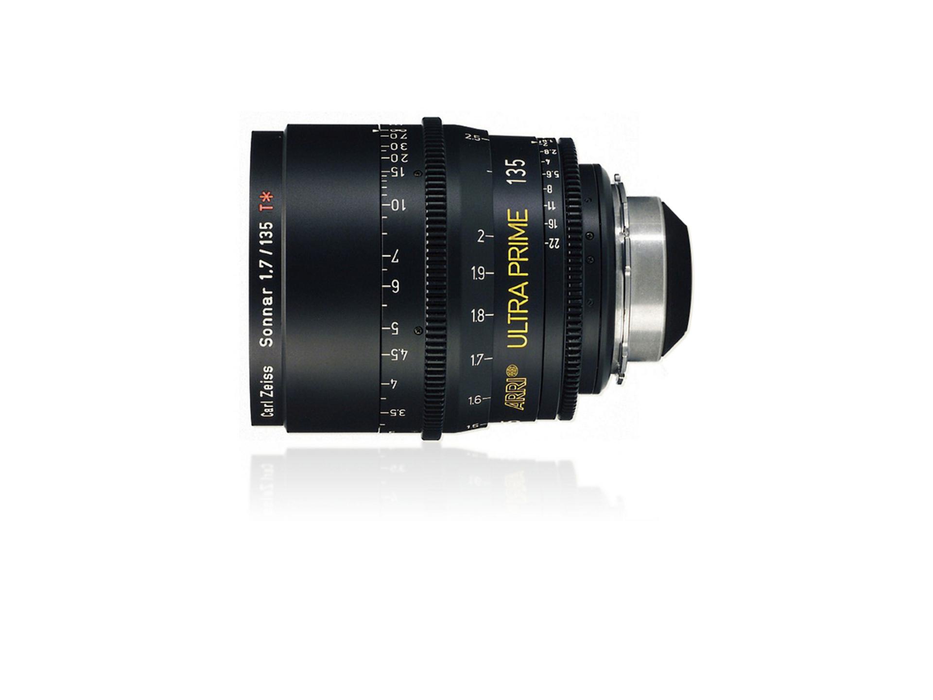 Side view of a ZEISS Ultra Prime 135mm T/1.9 Sonnar camera lens with focus and aperture markings.
