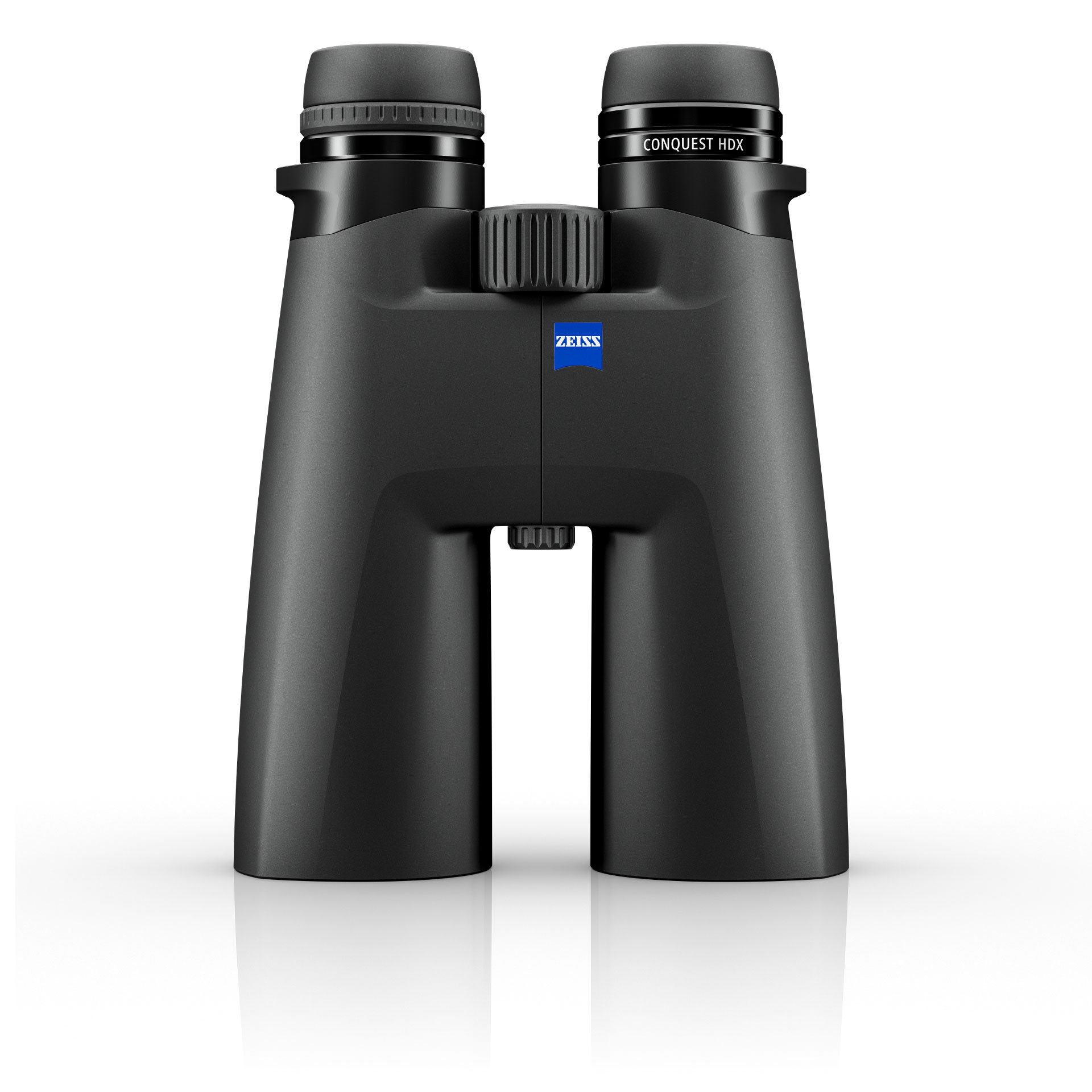 Black ZEISS Conquest HD binoculars with a central focus wheel and blue ZEISS logo on the bridge, shown against a white background.
