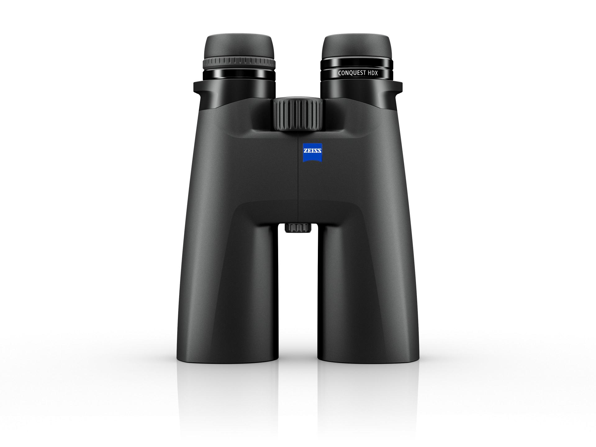 Black ZEISS binoculars with a central focus wheel and engraved labeling on the eyepieces, displayed against a white background.