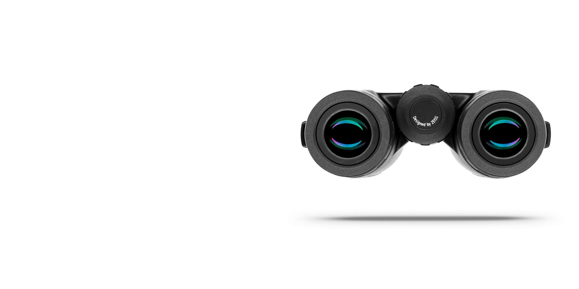 Front view of a pair of high-quality ZEISS binoculars with coated lenses against a white background.