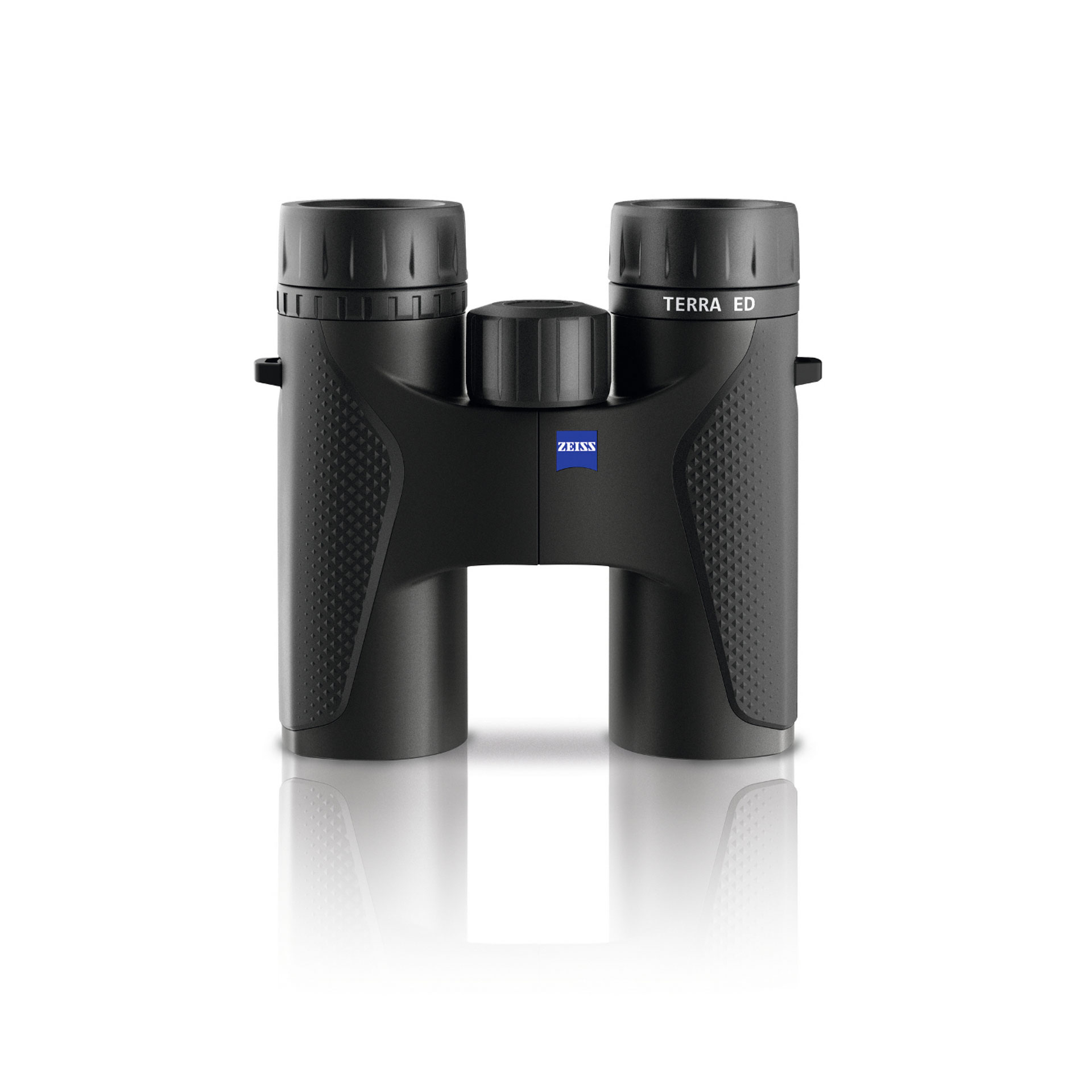Black ZEISS TERRA ED binoculars with textured grip, central focusing wheel, and ZEISS logo visible on the front.