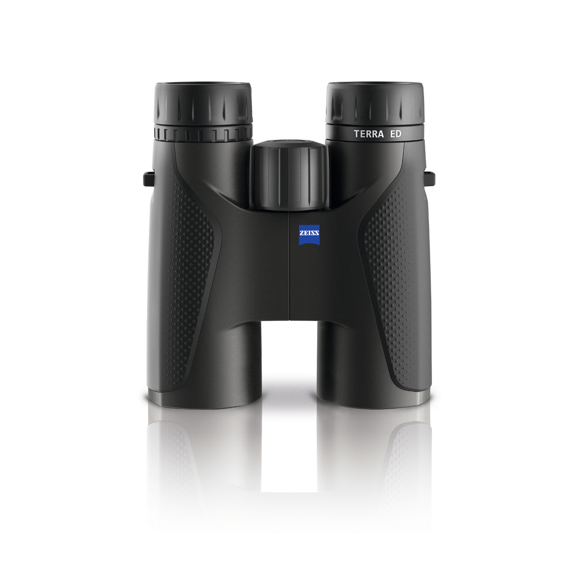 Black ZEISS TERRA ED binoculars with textured grips and central focusing knob, shown standing upright on a white background.