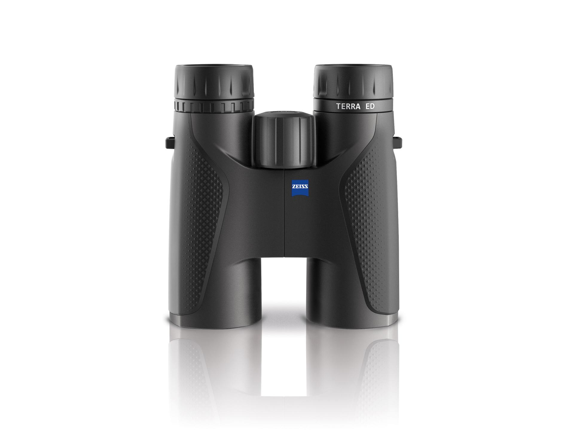Black ZEISS TERRA ED binoculars with textured grips and central focusing wheel, displayed on a white background.
