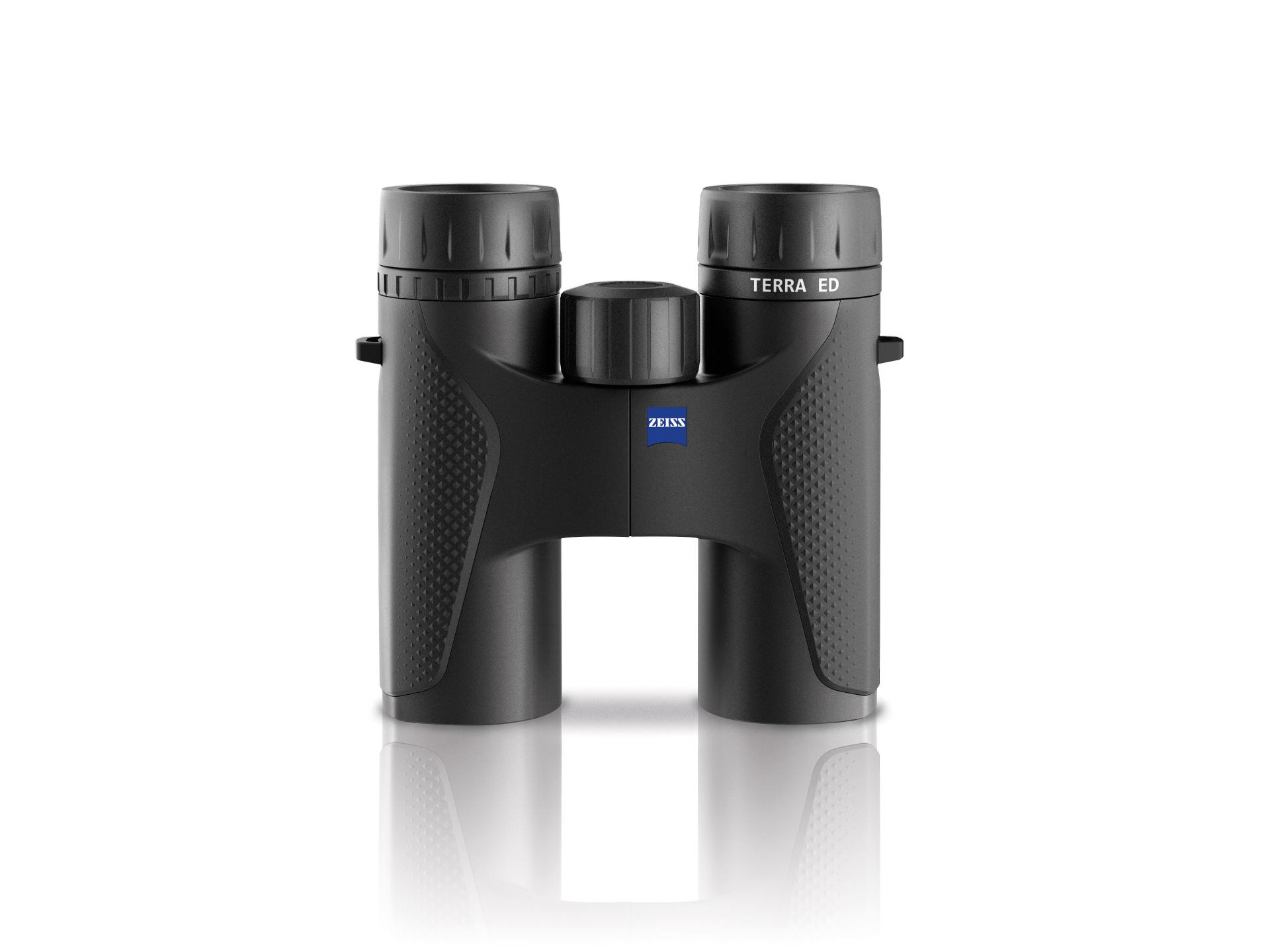 Black ZEISS TERRA ED binoculars with textured grips and a central focusing wheel, shown against a white background.