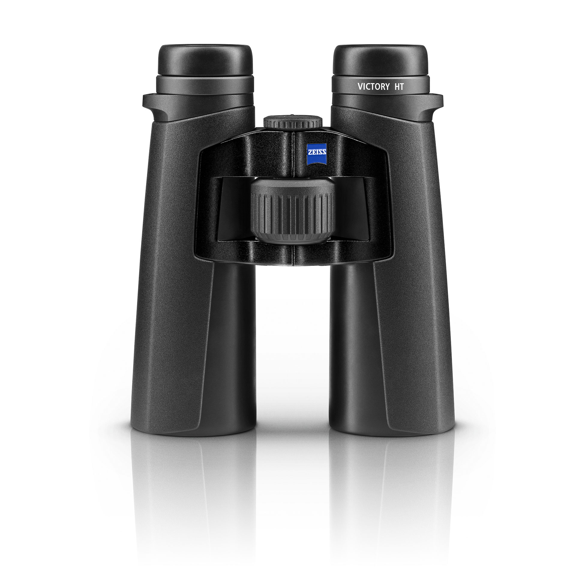 Black ZEISS Victory HT binoculars with central focus wheel and blue ZEISS logo on a white reflective surface.