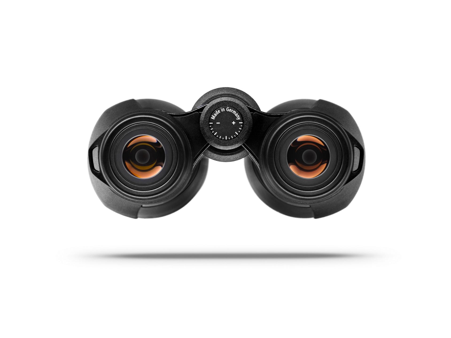Front view of a pair of black ZEISS binoculars with visible lenses and central focusing wheel.