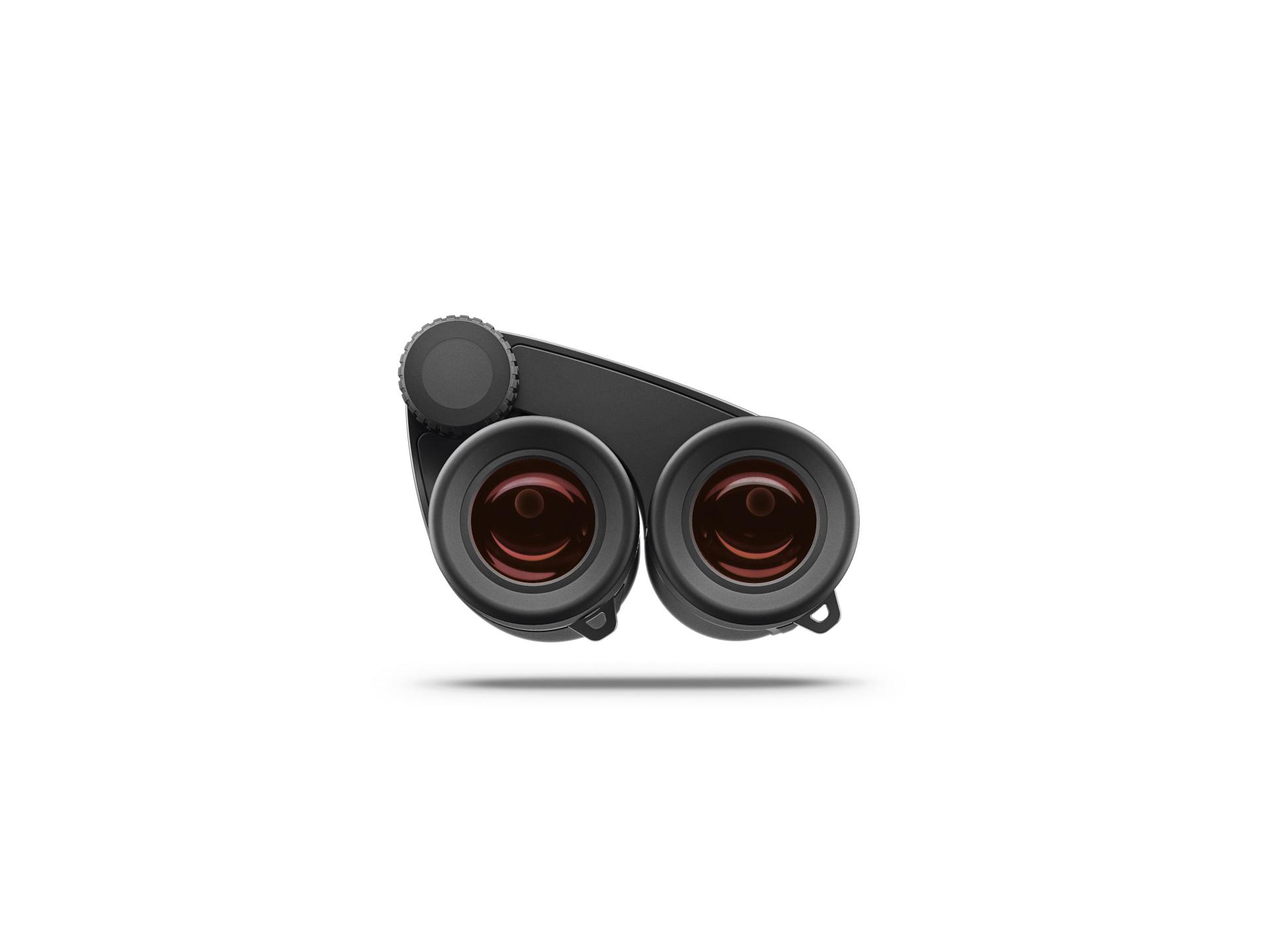 Front view of a ZEISS binocular with two red-tinted lenses and a focus adjustment knob on the left side.