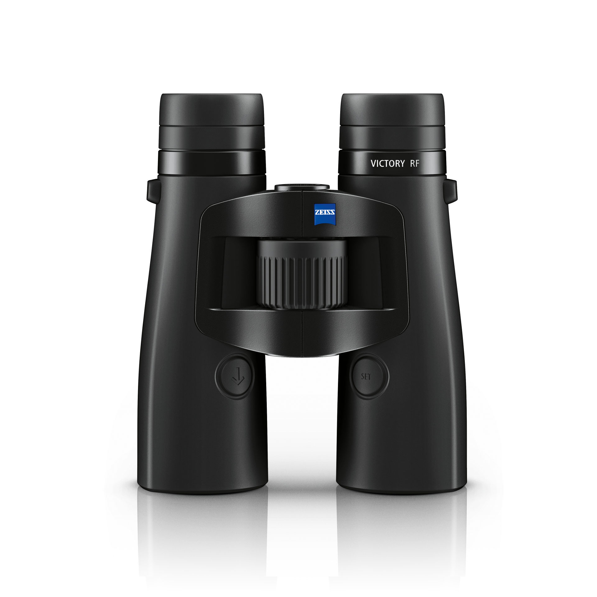 Front view of a pair of black ZEISS Victory RF binoculars with a central focusing wheel and ZEISS logo displayed.