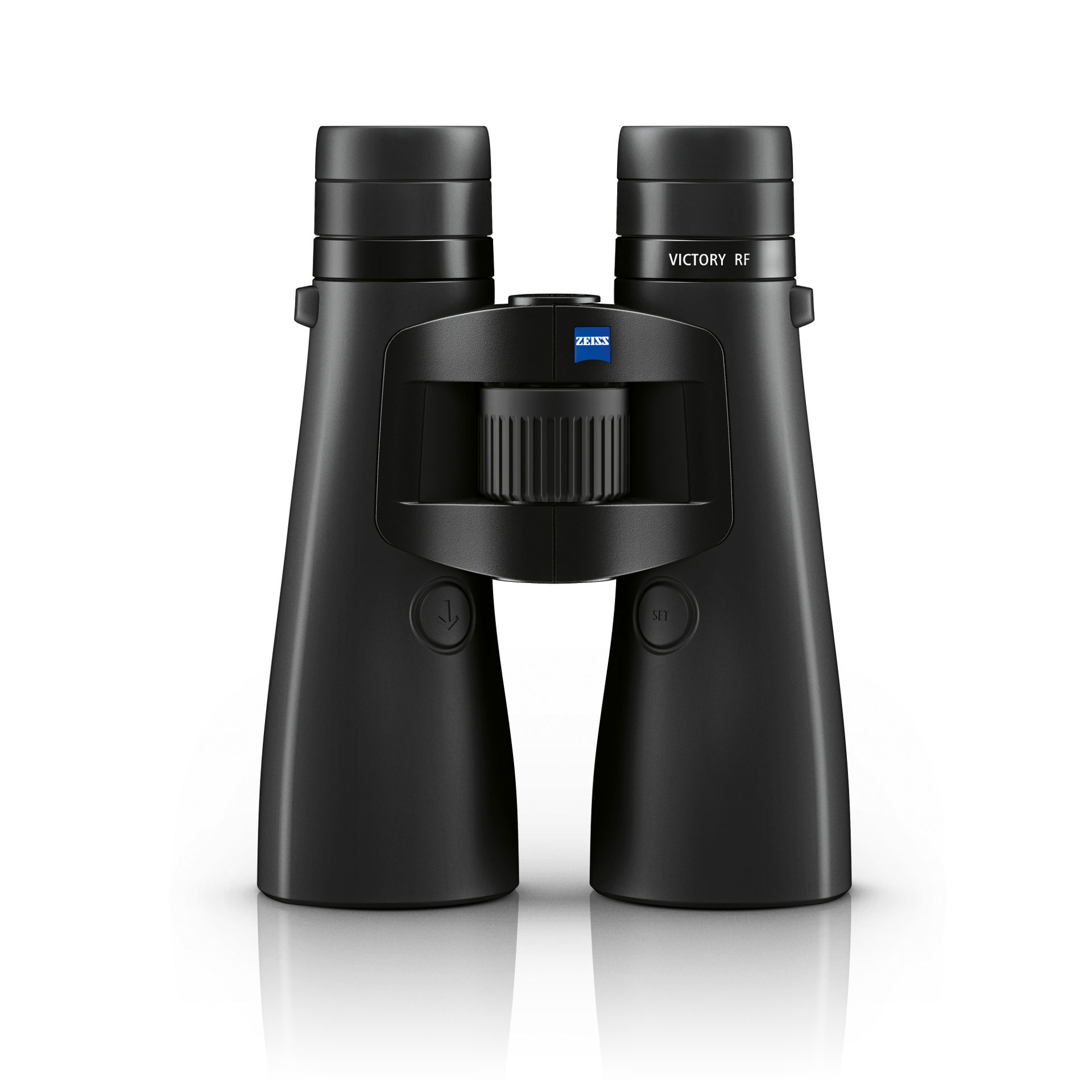 Front view of a pair of black ZEISS Victory RF binoculars with central focusing wheel and visible ZEISS logo.