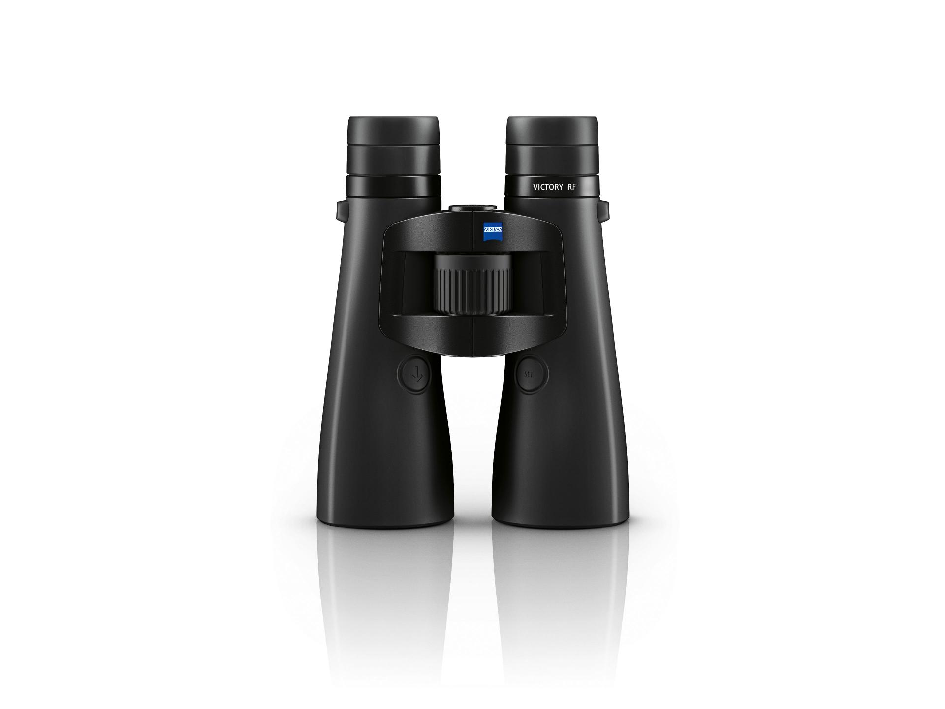 Black ZEISS binoculars standing upright with the central focus wheel and ZEISS logo visible on a white background.