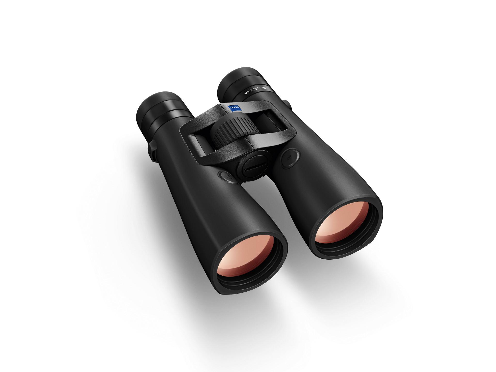 Black ZEISS binoculars with a central focusing wheel and reddish-tinted objective lenses displayed on a white background.