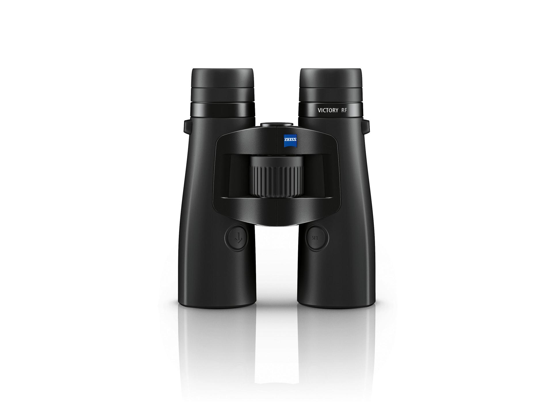 Front view of a pair of black ZEISS VICTORY HT binoculars with a central focusing wheel and the ZEISS logo visible.