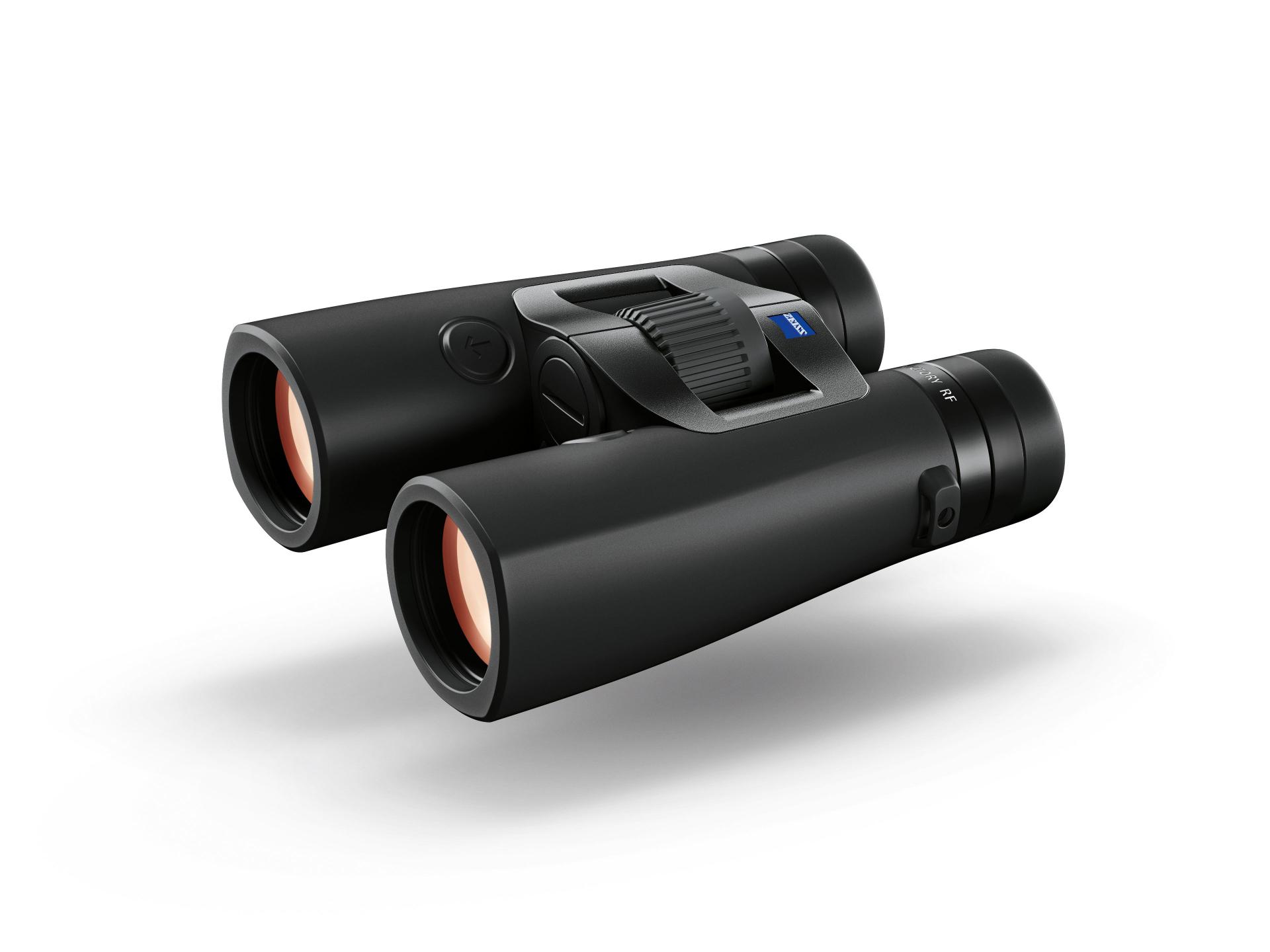 Black ZEISS binoculars with a sleek, ergonomic design and a central focusing wheel, shown on a white background.