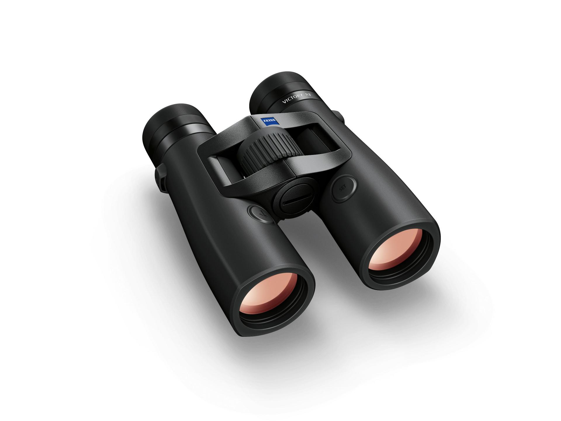 Black ZEISS binoculars with a central focusing wheel and blue ZEISS logo, shown at an angle on a white background.