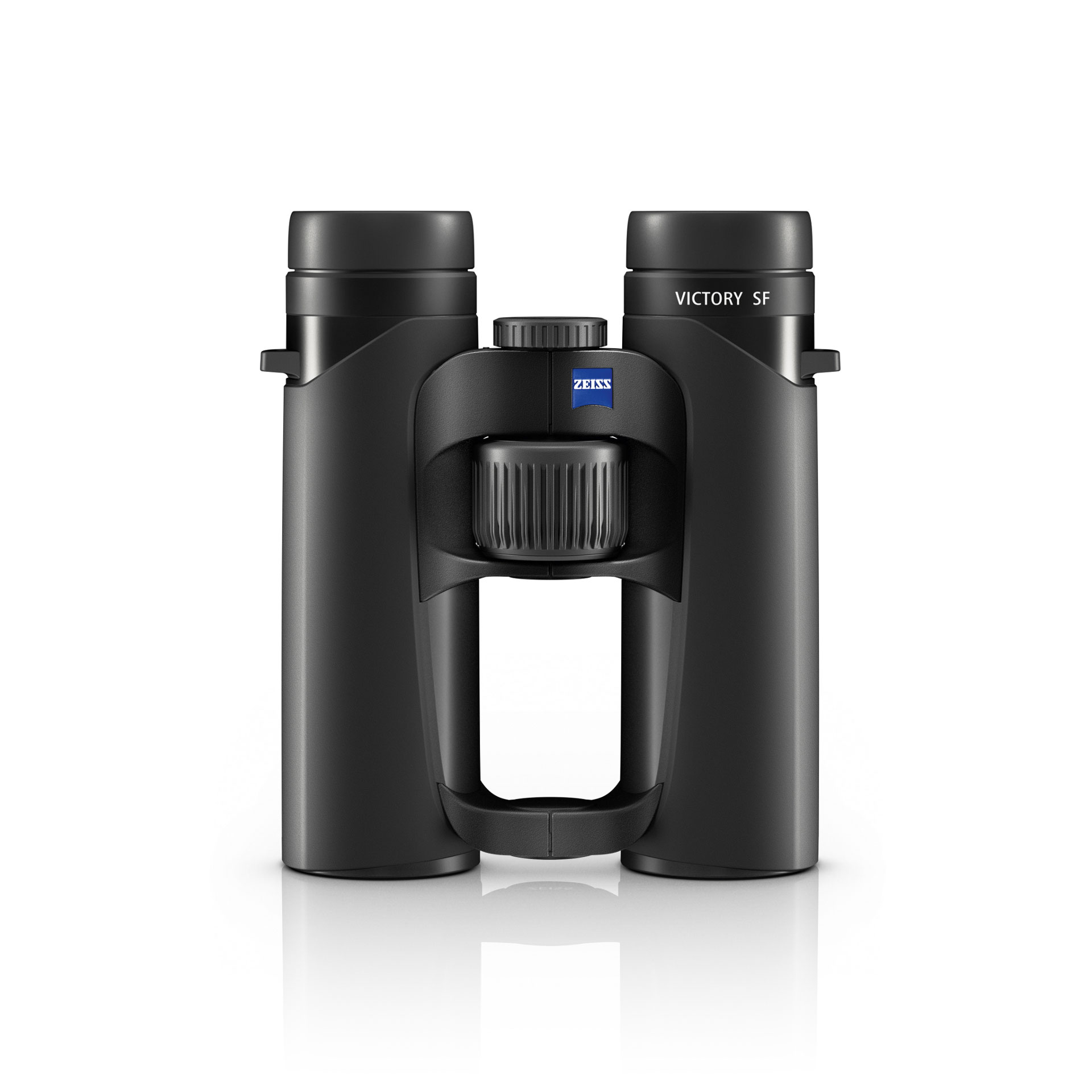 Black ZEISS Victory SF binoculars with a central focusing wheel and ergonomic open-bridge design, viewed from the front.