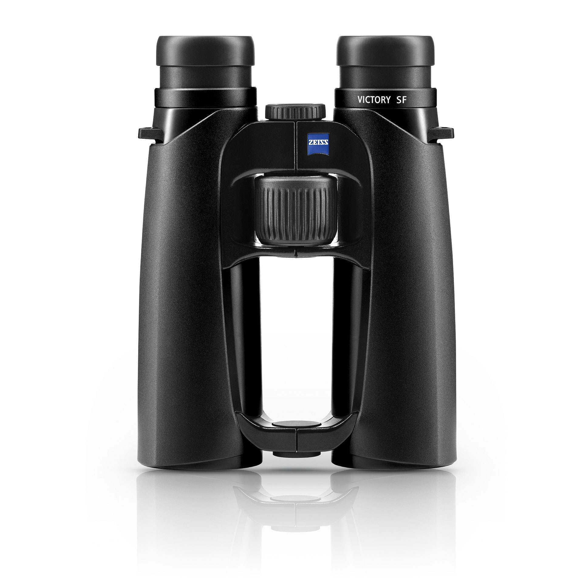Black ZEISS Victory SF binoculars standing upright on a reflective white surface.