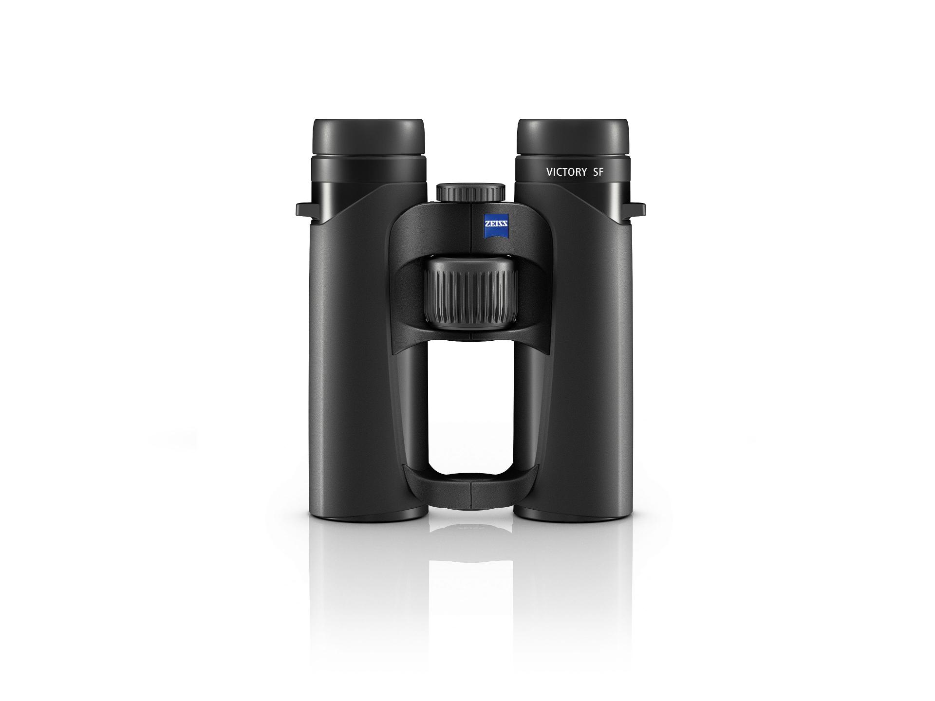 Black ZEISS VICTORY SF binoculars with a central focusing wheel, shown from the front against a white background.